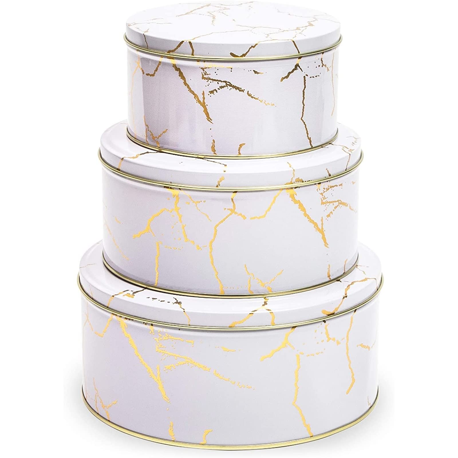 Juvale 3-Piece Marbled Round Nesting Tins Set with Lids - White & Gold Metal Kitchen Storage Containers for Candy, Popcorn, Cupcakes, Biscotti & Treats (3 Sizes) - Perfect for Pantry Organization, Party Favors & Holiday Gift Packaging