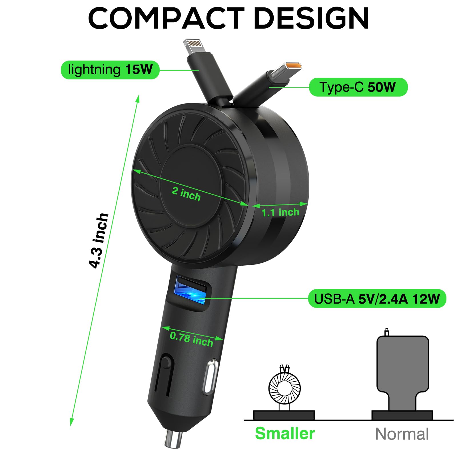 2-Pack Retractable 50W Fast Car Charger with 3-in-1 USB C & Cigarette Lighter Port - Compatible with iPhone 15 Pro/Samsung/Android/Pixel - Perfect for Road Trips & Daily Commutes