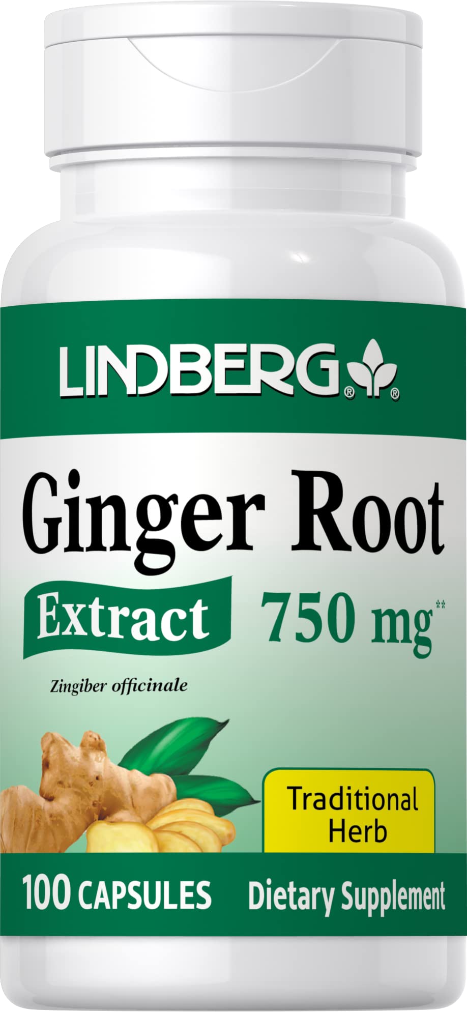 Lindberg Ginger Root Capsules 750mg | 100 Count | Non-GMO, Gluten Free Dietary Supplement | Supports Digestion & Nausea Relief | Perfect for Travel, Morning Sickness & Motion Sickness
