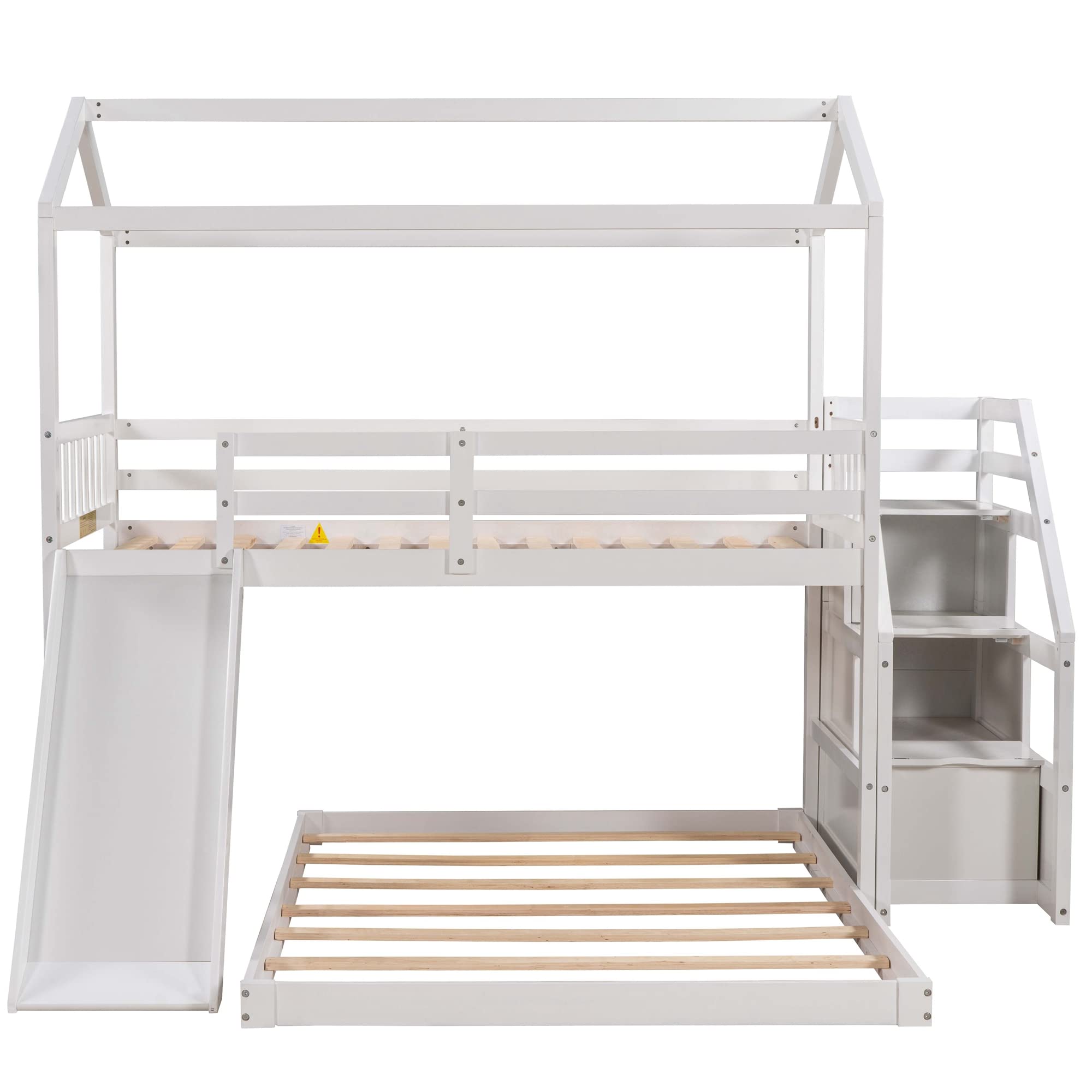 LZ LEISURE ZONE Twin Over Full Bunk Bed with Slide & Storage Stairs - Convertible Wooden House Bunk Bed Frame for Kids, Teens & Adults - Safe Full-Length Guardrail - Perfect for Small Bedrooms, Guest Rooms & Vacation Homes (White)