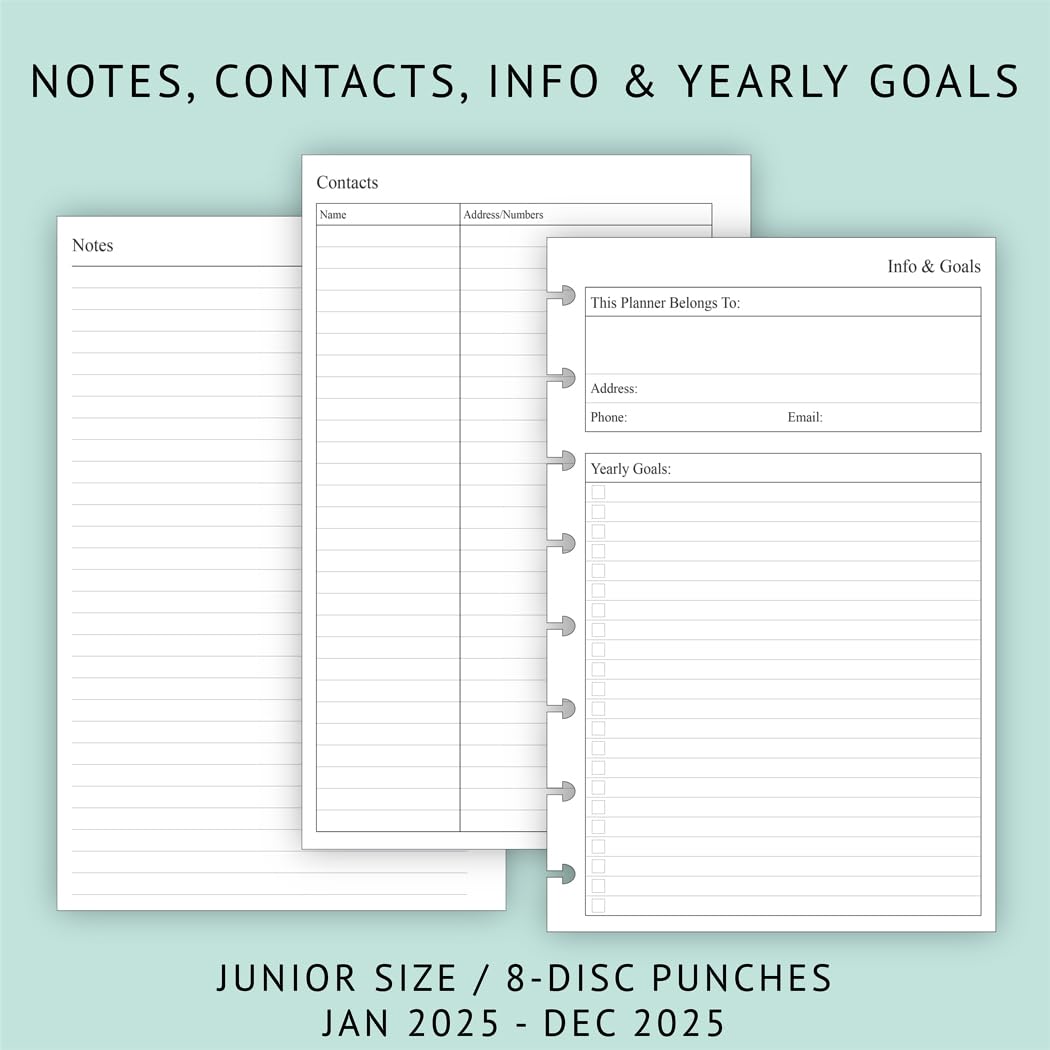 2025 Weekly & Monthly Planner Refill for 8-Discbound Planners - 2 Pages Per Week, Junior Size 5.5