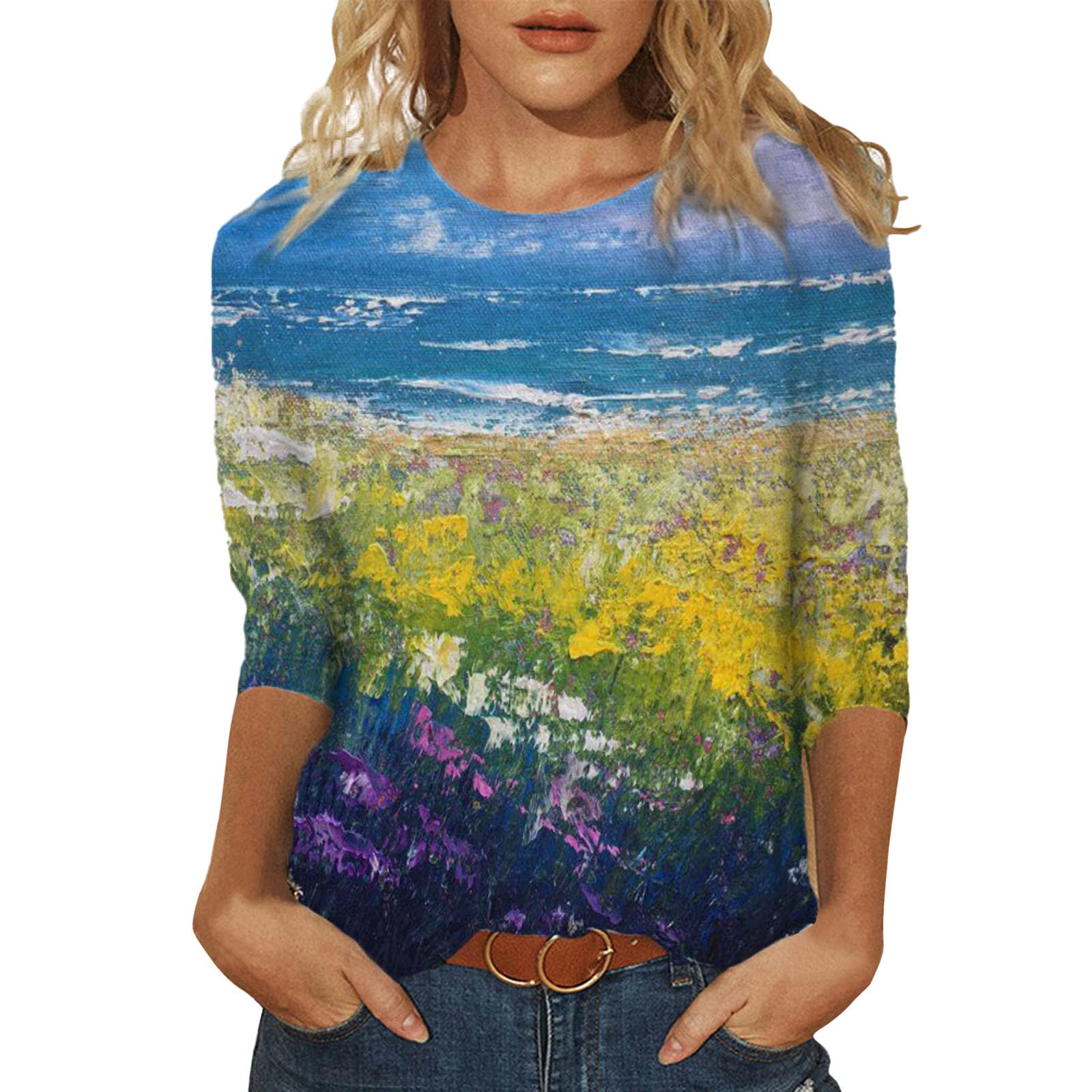 Women's Floral Print Long Sleeve T-Shirt - Soft Round Neck Loose Fit Summer Top for Casual Wear, Daily Outfits & Outdoor Activities