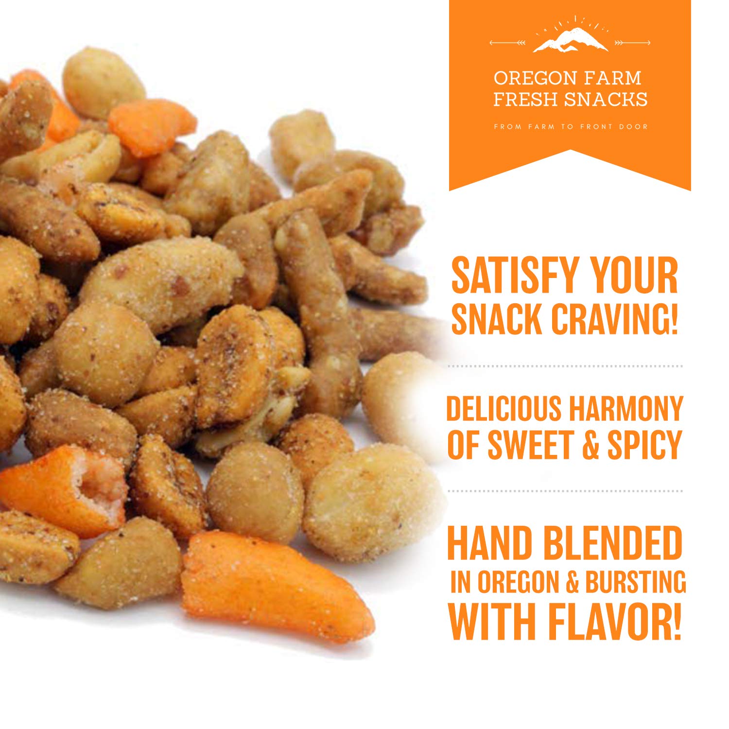 Oregon Farm Fresh Blazing Trail Sweet & Spicy Nut & Cracker Mix - Healthy Crunchy Snacks 16oz Pouch - Perfect for Game Nights, Hiking, Beer Pubs & Office Snacking