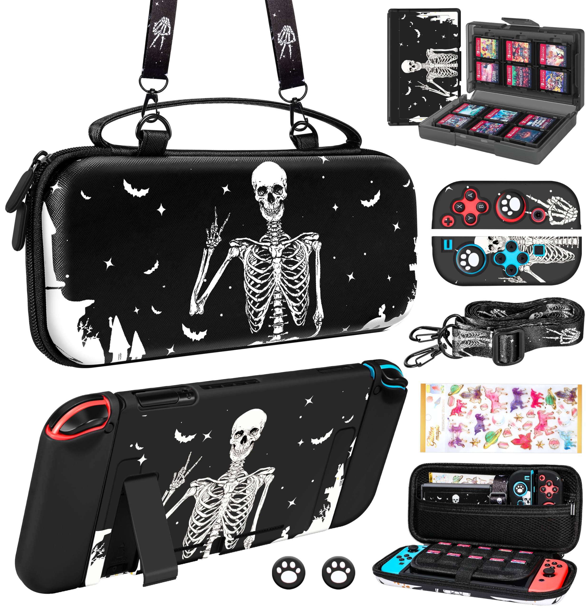 9-in-1 Skull Skeleton Nintendo Switch Case Bundle - Protective Carrying Case with Thumb Grips, Game Holder, Dockable Skin, Shoulder Strap & Stickers - Perfect for Travel, Gaming Parties & Switch Accessories Storage