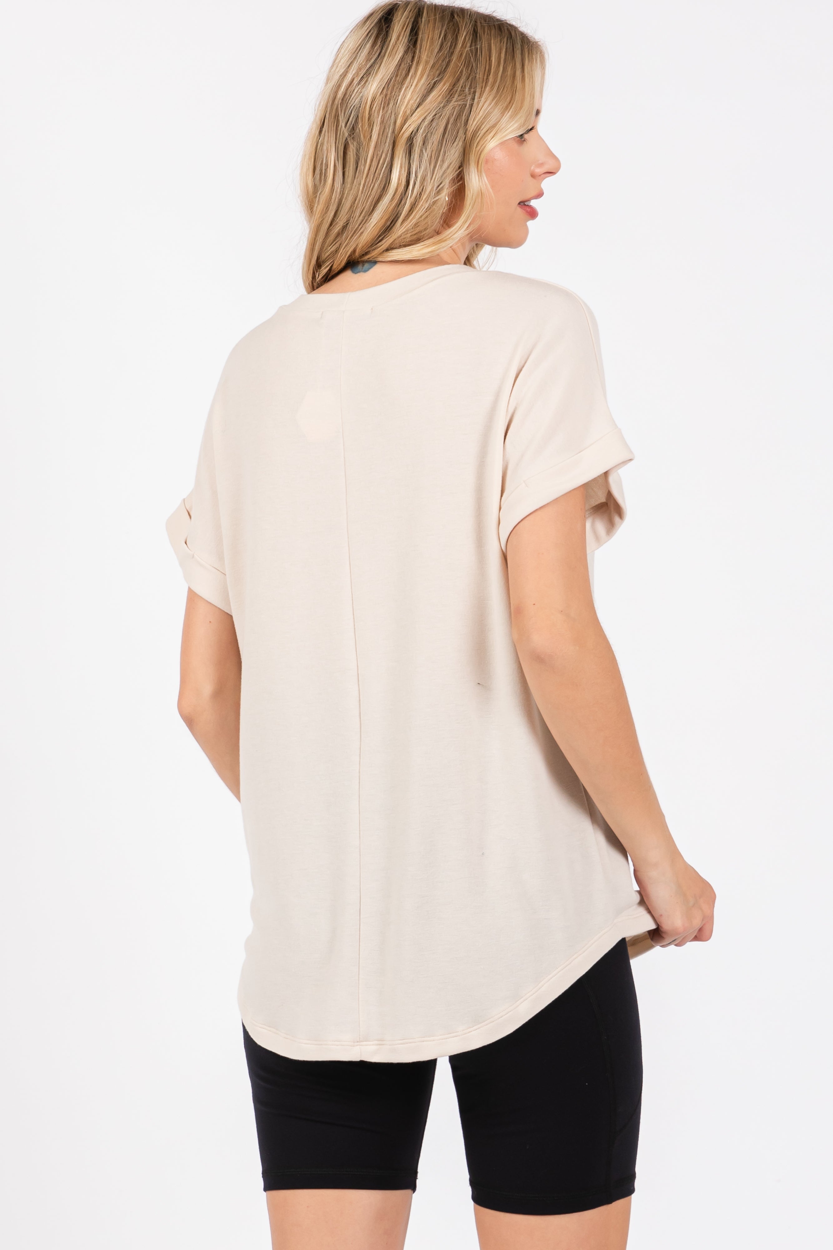 Women's Beige Short Sleeve Terry Cotton Top - Soft Casual T-Shirt for Summer, Lounge, and Everyday Wear