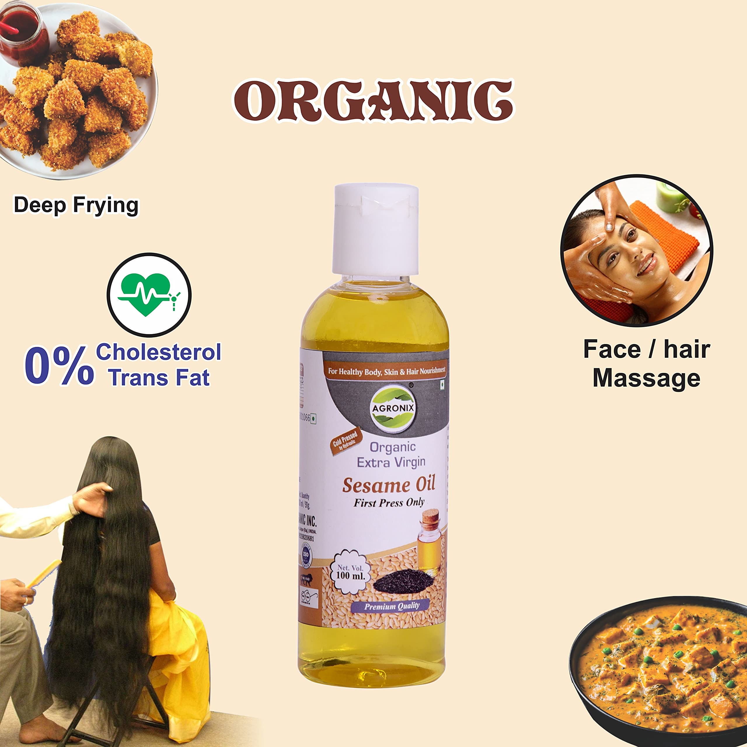 AGRONIX 100% Pure Cold Pressed Sesame Oil - 3.4oz for Hair Growth, Skin Care & Massage | Natural Moisturizer for Dry Scalp, Face & Body | USDA Organic, Unrefined, Chemical-Free | Perfect for Aromatherapy & DIY Beauty Recipes