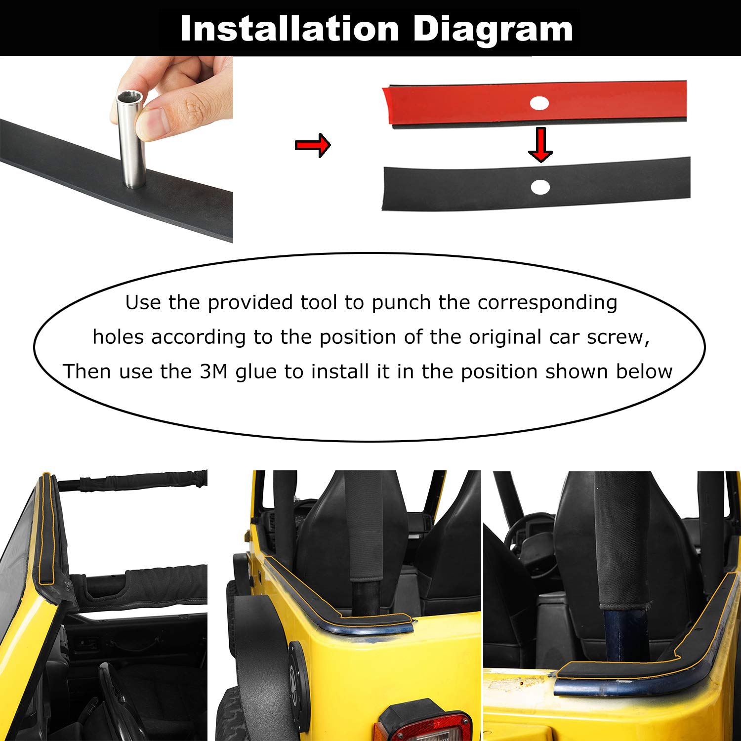 Hooke Road Wrangler Hardtop Seal Strip Kit for Jeep Wrangler TJ 1997-2006 - 3-Piece Weatherproofing Set to Reduce Wind Noise, Prevent Water Leaks & Stop Roof Rattling - Perfect for Off-Roading & Daily Commuting