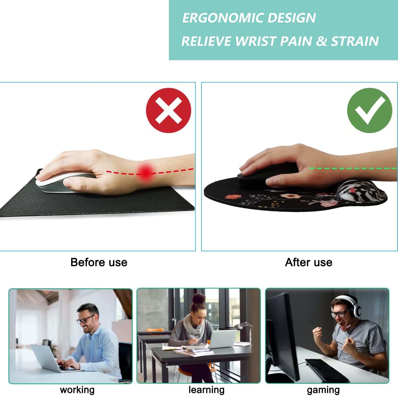 Ergonomic Mouse Pad with Memory Foam Wrist Support - Non-Slip Rubber Base Gaming Mouse Pad for Computer & Laptop - Perfect for Office, Home & Gaming (Flower Black Design)