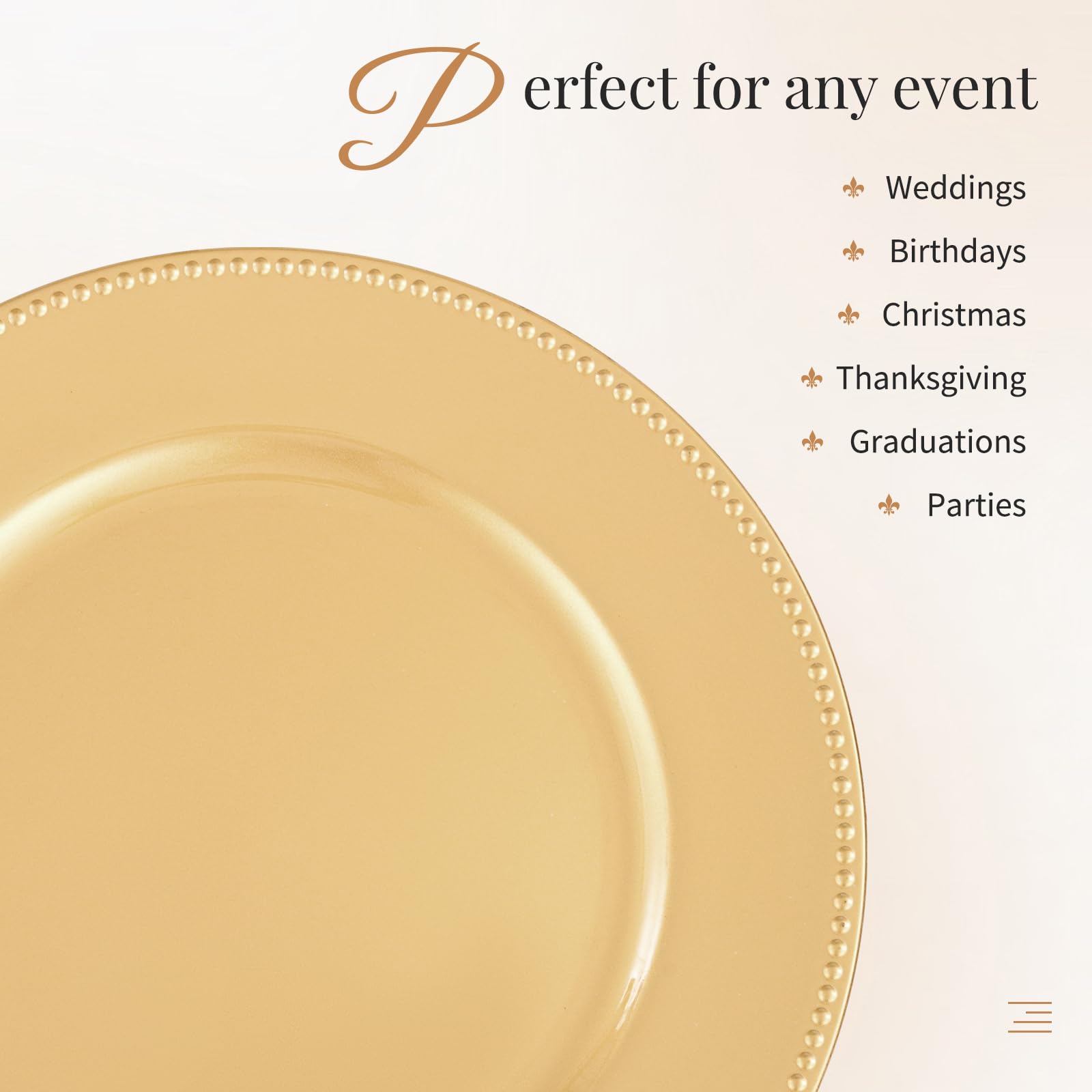 50 Pcs Gold Plastic Charger Plates - 13 Inch Round Beaded Decorative Dinner Plate Chargers for Weddings, Parties & Events (Holiday Decor, Baby Shower, Table Setting) - Elegant Tableware for Formal Dining & Special Occasions