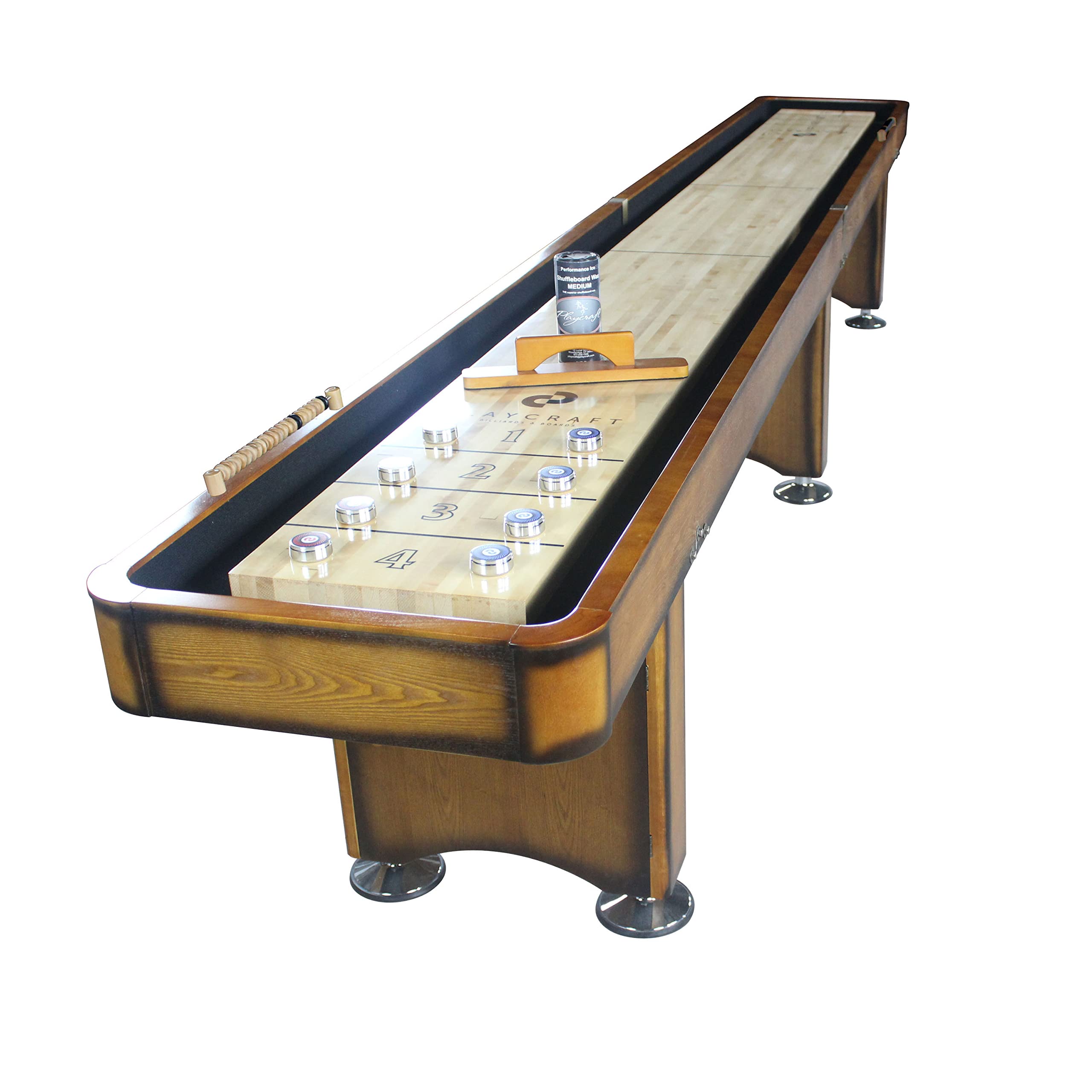 Playcraft Georgetown Shuffleboard Table with Storage Cabinet - Premium Shuffle Board Game Set Includes Matching Abacus, 8 Pucks, Brush & Wax - Professional Climate Adjusters - Hand-Stained Burnished Finish - Perfect for Game Rooms, Bars, and Family Entertainment