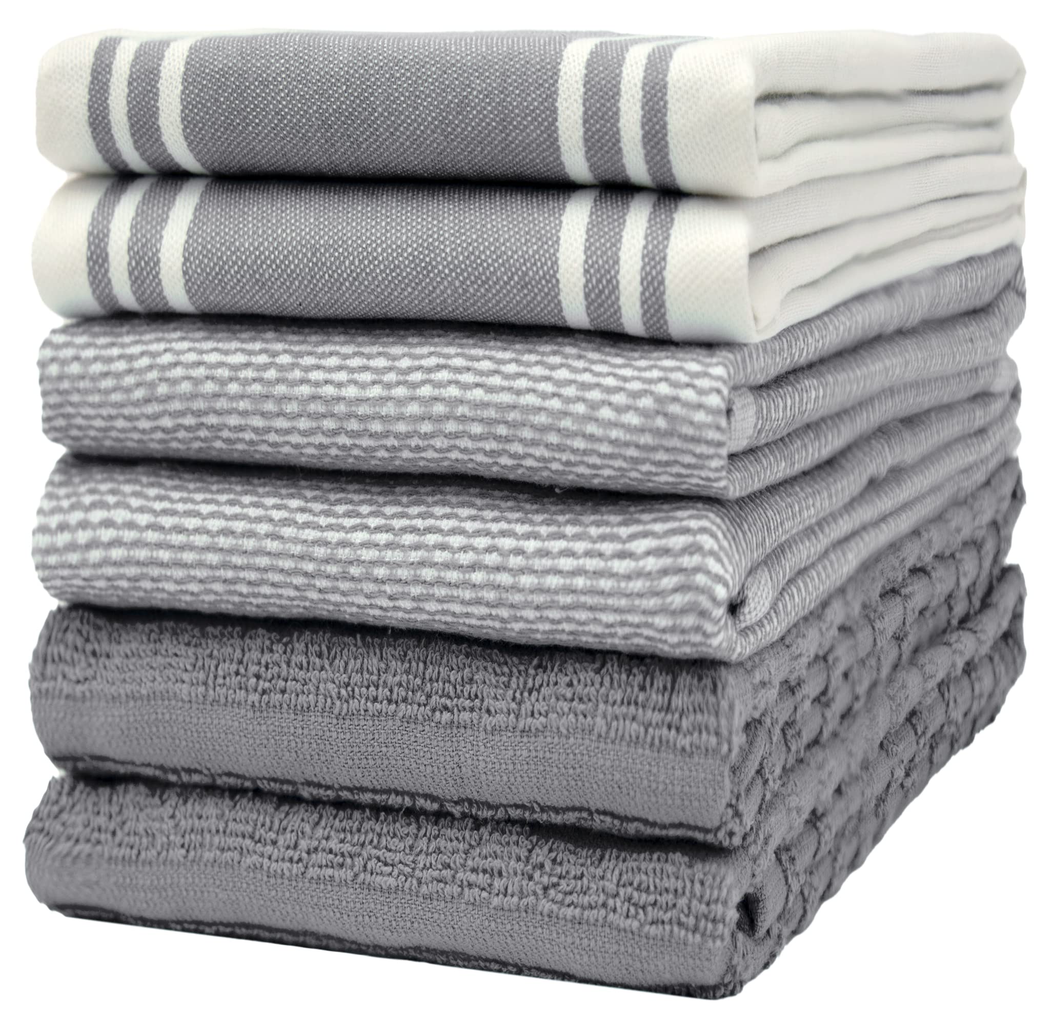 Premium Cotton Kitchen Towels Set (6 Pack, 20”x28”) - Super Absorbent Large Hand & Tea Towels with Hanging Loop | Flat & Terry Weave | Grey Wide Stripe | Perfect for Cooking, Baking, Dish Drying & Kitchen Decor