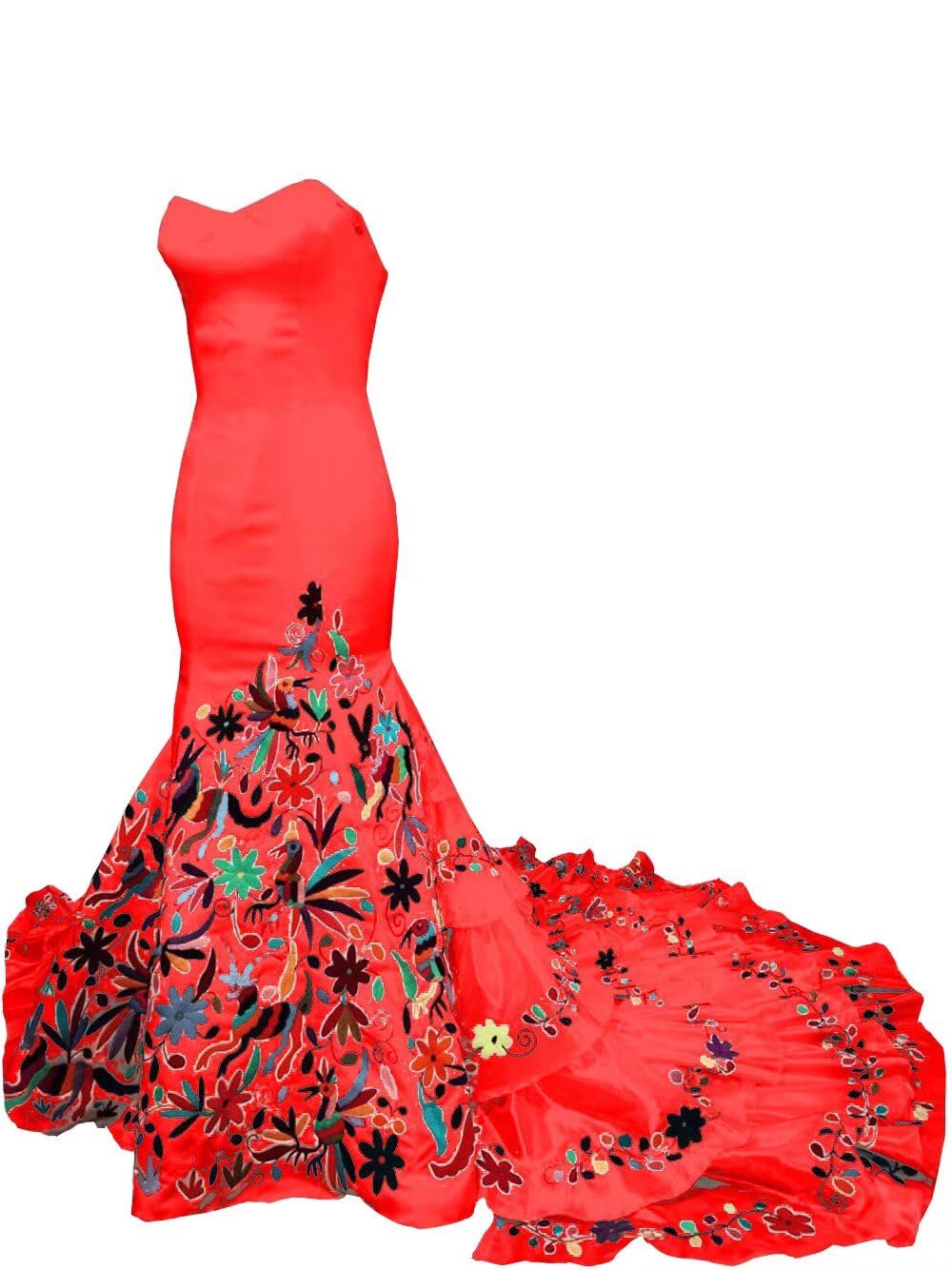 Vibrant Multicolor Embroidered Mexican Wedding Dress with 5-Layer Mermaid Train - Elegant Quinceañera Gown for 2025 | Perfect for Sweet 16, Quince Celebration & Formal Evening Events