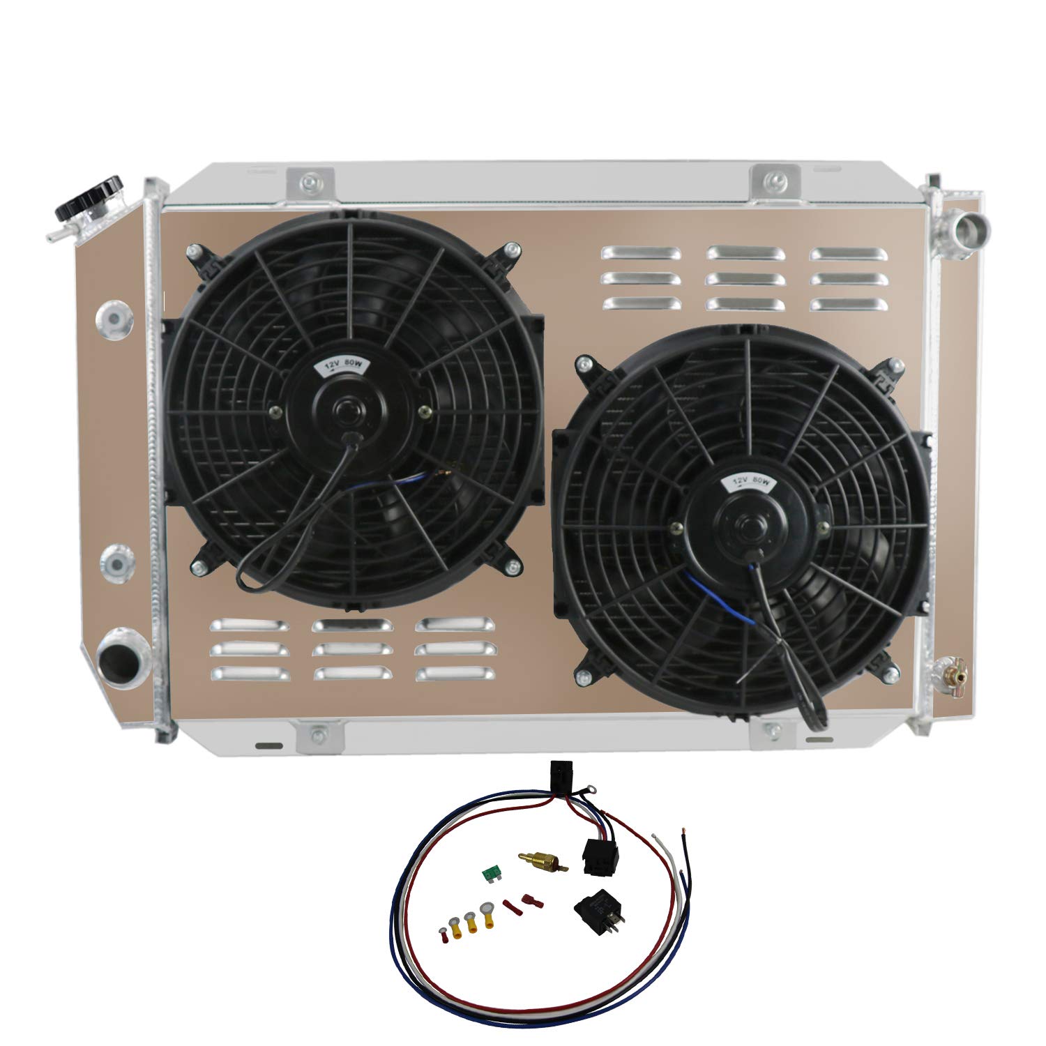 ECMRAD 4 Row Aluminum Radiator Shroud Fan Kit Compatible with 1979-1993 Ford Mustang GT LX 5.0L 2.3L V8 302 AT/MT - High Performance Cooling for Street Racing & Hot Rod Upgrades