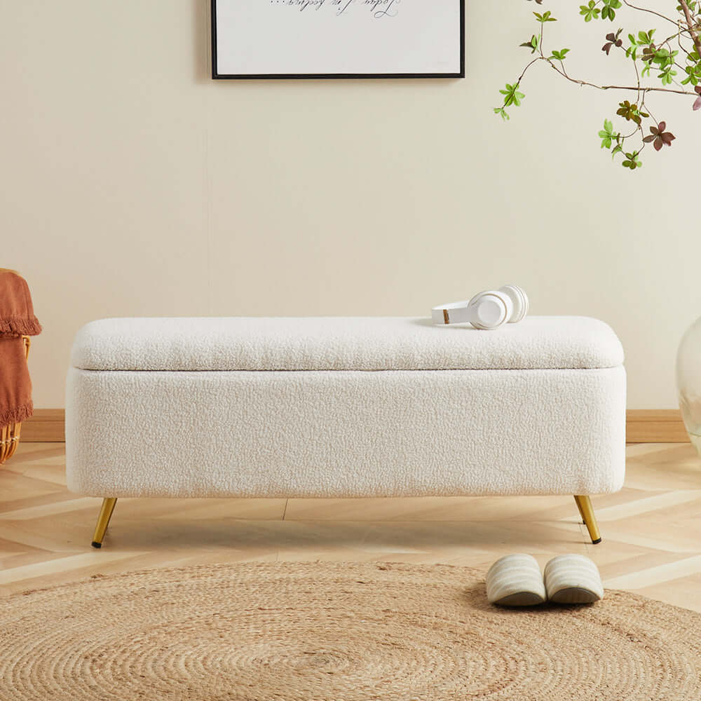Modern Upholstered Boucle White Storage Bench with Gold Legs - Stylish Ottoman for Bedroom, Living Room & Entryway Decor
