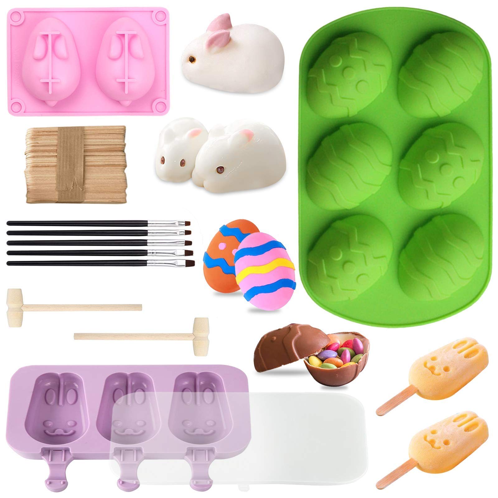 AKIGN Silicone Baking Molds Set - Easter Egg & Popsicle Molds with 50 Wooden Sticks, Bunny Chocolate Molds, 2 Mini Wooden Hammers & 5 Cake Brushes for DIY Candy Making, Chocolate Bombs & Holiday Treats | Perfect for Easter Decorations, Birthday Parties & Home Baking