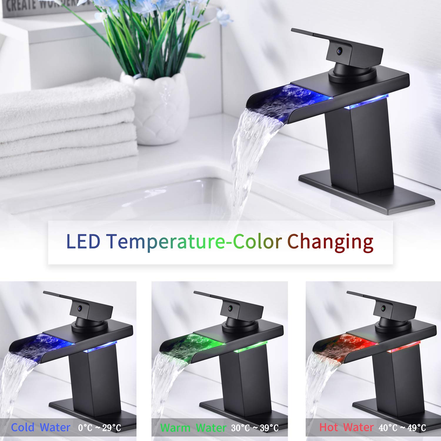 Mekoly Matte Black LED Bathroom Sink Faucet - 3 Color Changing Waterfall Single Handle Deck Mounted Hot & Cold Water Mixer Tap for Modern Bathroom Vanity and Spa Style Sink Upgrade