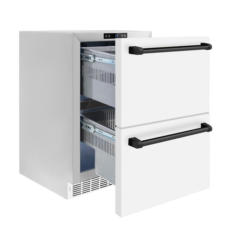 ZLINE Autograph Edition 24 Inch Touchstone 168 Can Outdoor Rated Dual Refrigerator Drawer - Matte White Doors & Black Handles (RDSOZ WM 24 MB) - Perfect for Outdoor Kitchens, Patio Bars & Entertaining Spaces