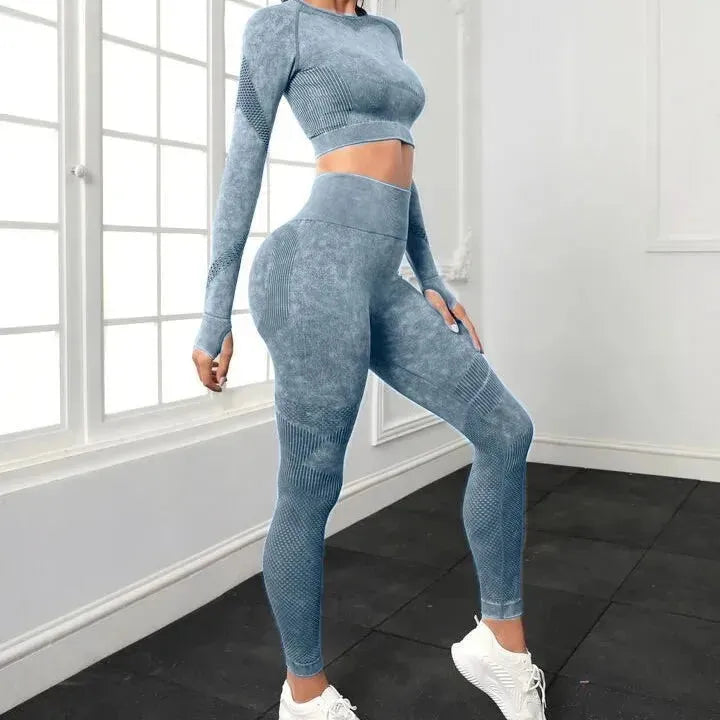 Seamless Yoga Sets for Women - Long Sleeve Crop Top & High Waist Leggings - Workout Sportswear Gym Clothing - Perfect for Yoga, Pilates, Running & Fitness Training
