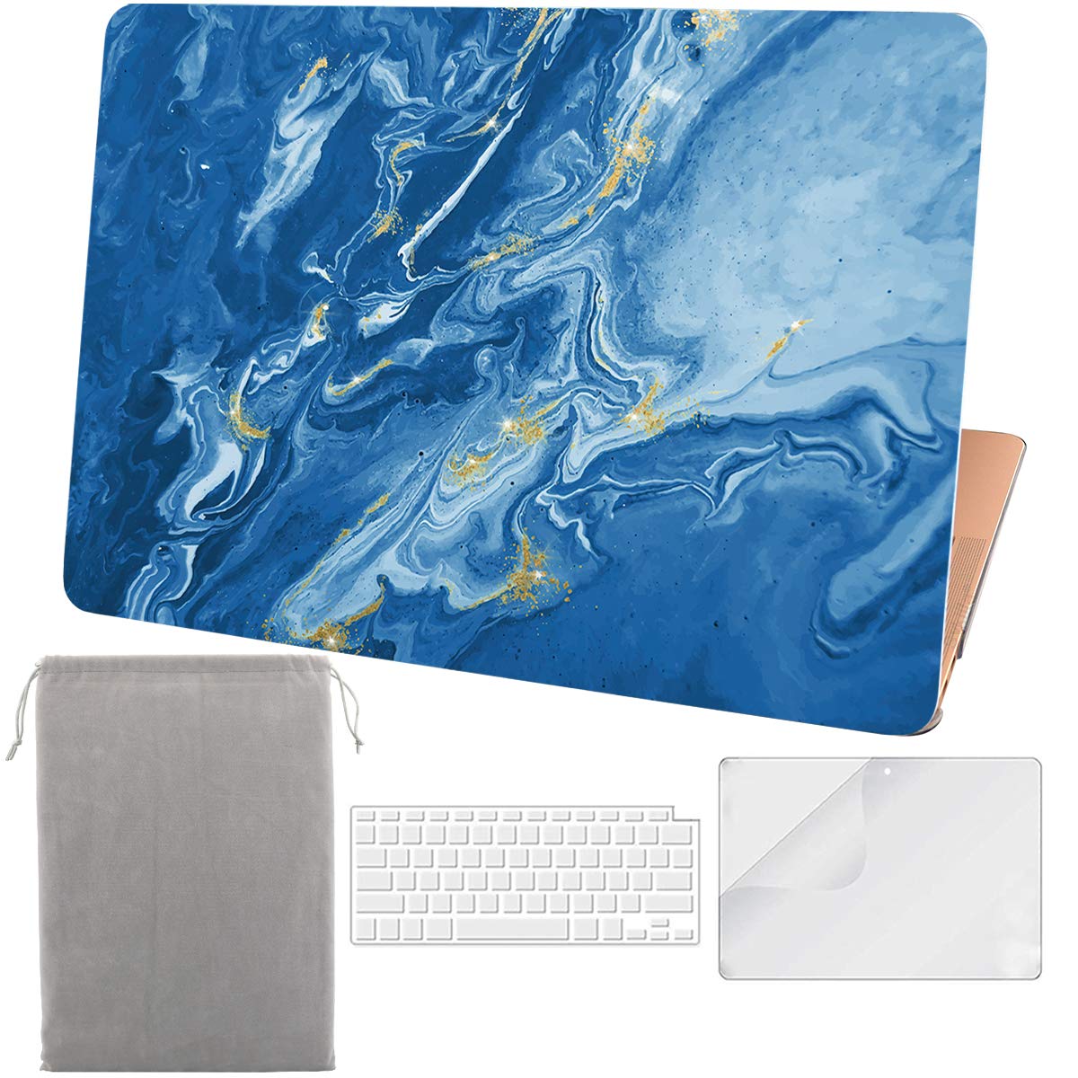 2020-2021 MacBook Air 13 Inch Case for Models A2179 A1932 | 4-in-1 Protective Bundle with Hard Shell Cover, Keyboard Protector, HD Screen Protector & Carrying Sleeve | Touch ID & Retina Display Compatible | Blue Quicksand Design | Perfect for Work, Travel & School Use