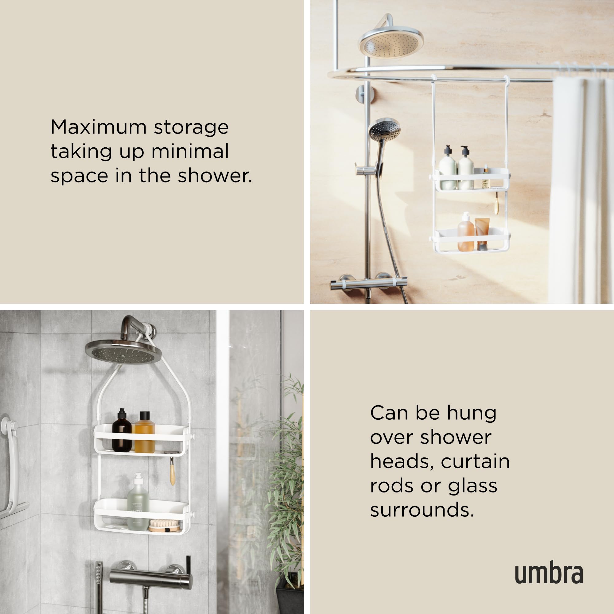 Umbra Flex Hanging Shower Caddy - Rustproof Bathroom Organizer with Adjustable Shelves for Shampoo, Soap & Beauty Products - Perfect for Small Bathrooms & Bathtub Storage (White)