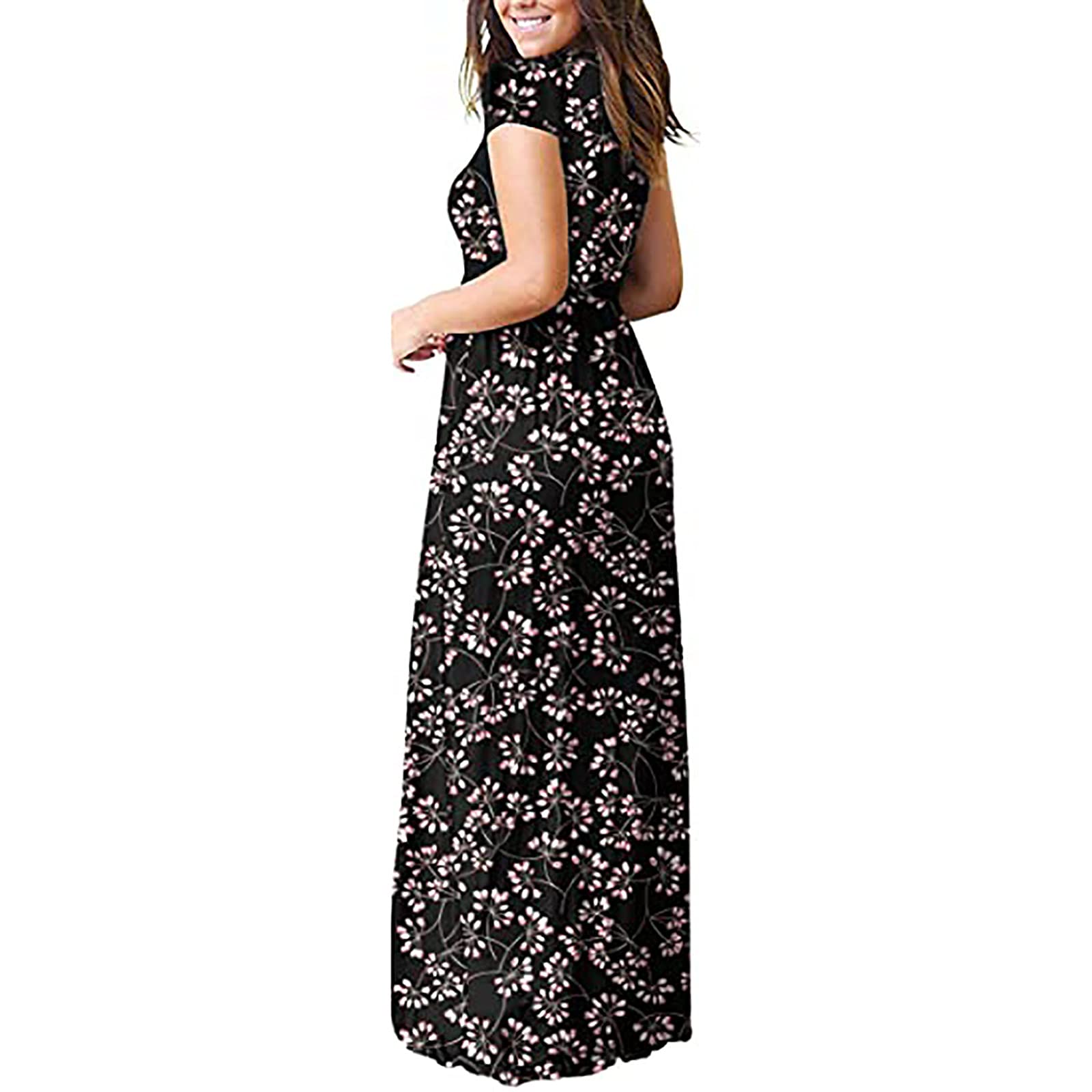 Floral Maxi Dress for Women - Short Sleeve High Waist Summer Long Dress with Pockets | Beach Wedding, Vacation, Party & Casual Wear