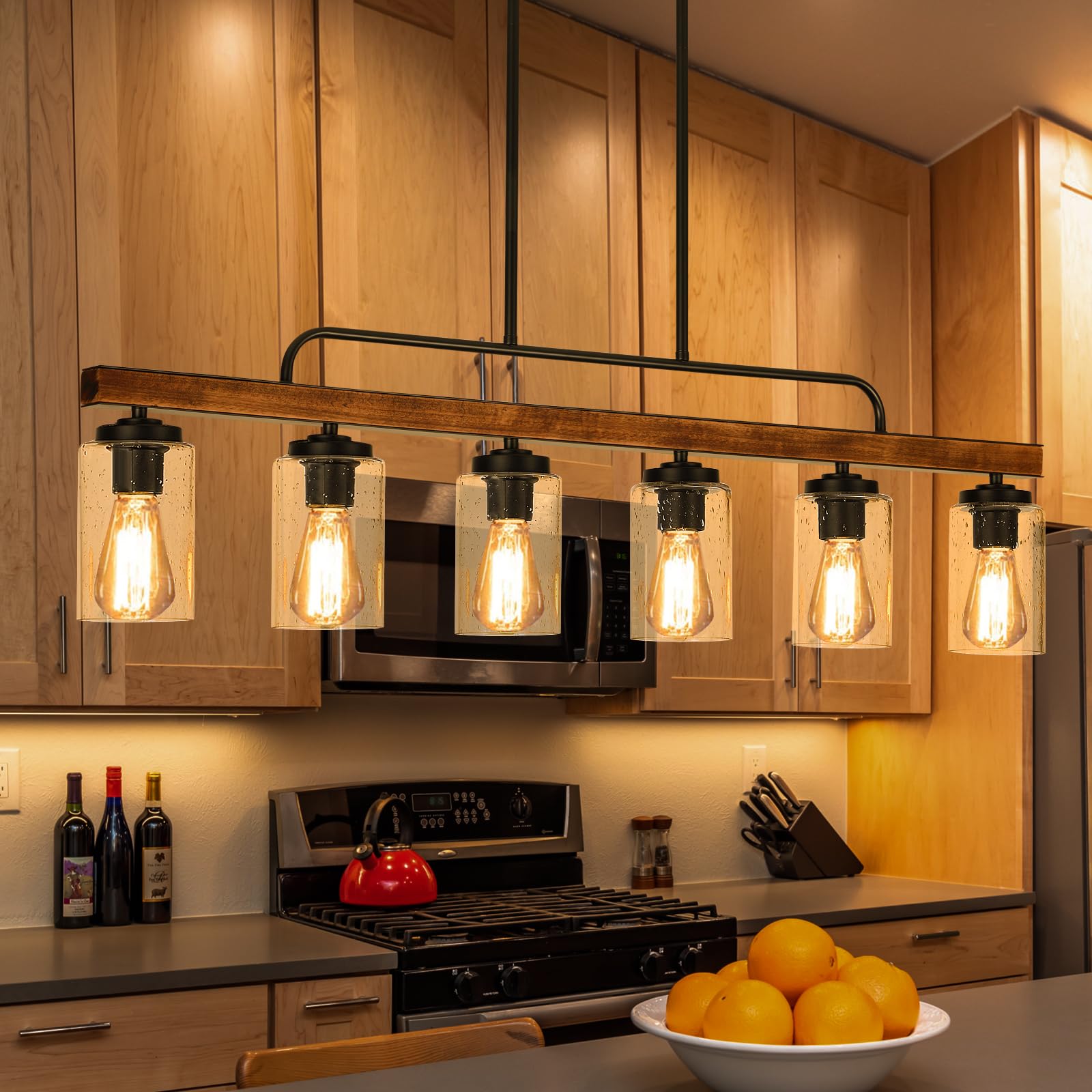 Rustic 6-Light Farmhouse Chandelier with Seeded Glass Shade - Wood Pendant Lighting for Dining Room, Kitchen Island & Table - Perfect for Country Style Home Decor & Cozy Gatherings