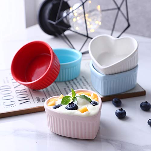 Heart-Shaped Porcelain Ramekin Bowls Set of 4 - Colias Wing Lines Design for Souffle, Creme Brulee & Baking (Blue/Pink/White) | Perfect for Dessert Serving, Kitchen Decor & Gift Giving