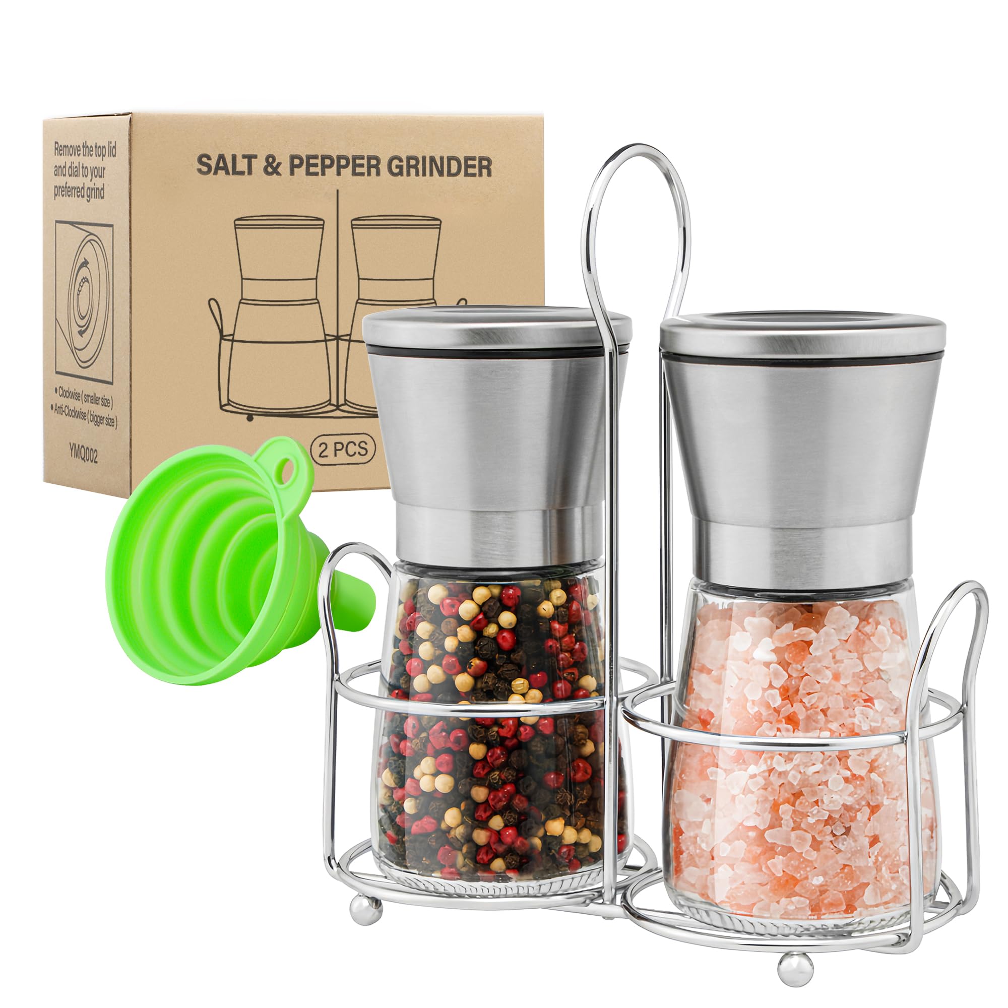 Premium Stainless Steel Salt and Pepper Grinder Set - Adjustable Coarseness, Refillable Glass Mill with Holder - Elegant Kitchen Essential for Cooking, Dining & Gifting (2-Pack)