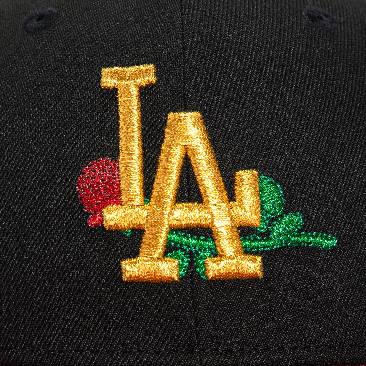 New Era 59Fifty Los Angeles Dodgers Rose Embroidered Baseball Cap - Black, Cardinal & Metallic Gold Colors | Official MLB Licensed Hat for Baseball Games & Streetwear Fashion