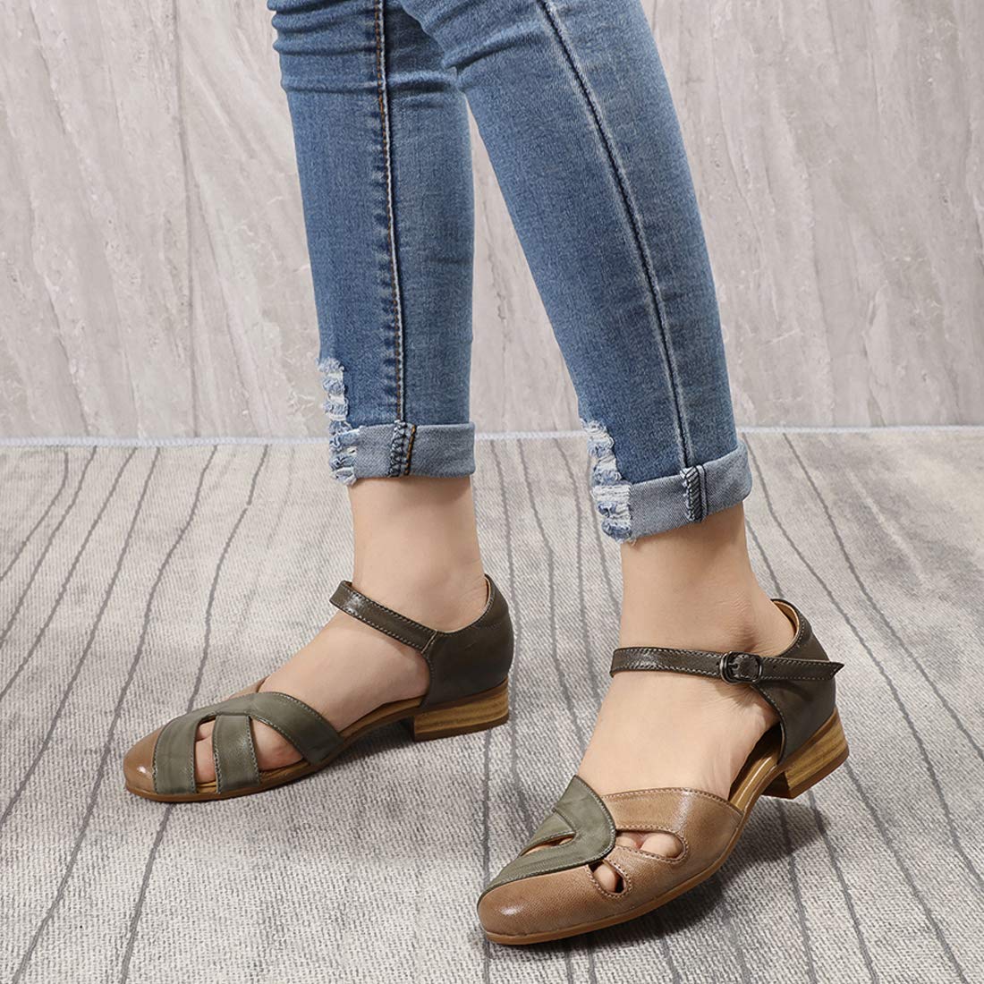 **Mona Flying Women's Leather Tatianna Dress Sandals – Closed Toe Low Heel Strappy Flats for Summer Casual Wear | Perfect for Weddings, Parties & Office**