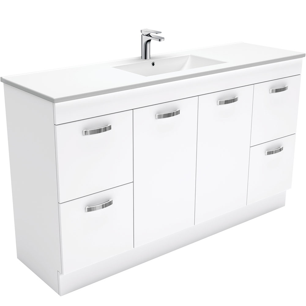 Fienza TCL150NKWS Dolce Ceramic 1500mm White Vanity Kickboard with Handles for Single Bowl Sink - Perfect for Bathroom Renovation and Modern Home Decor