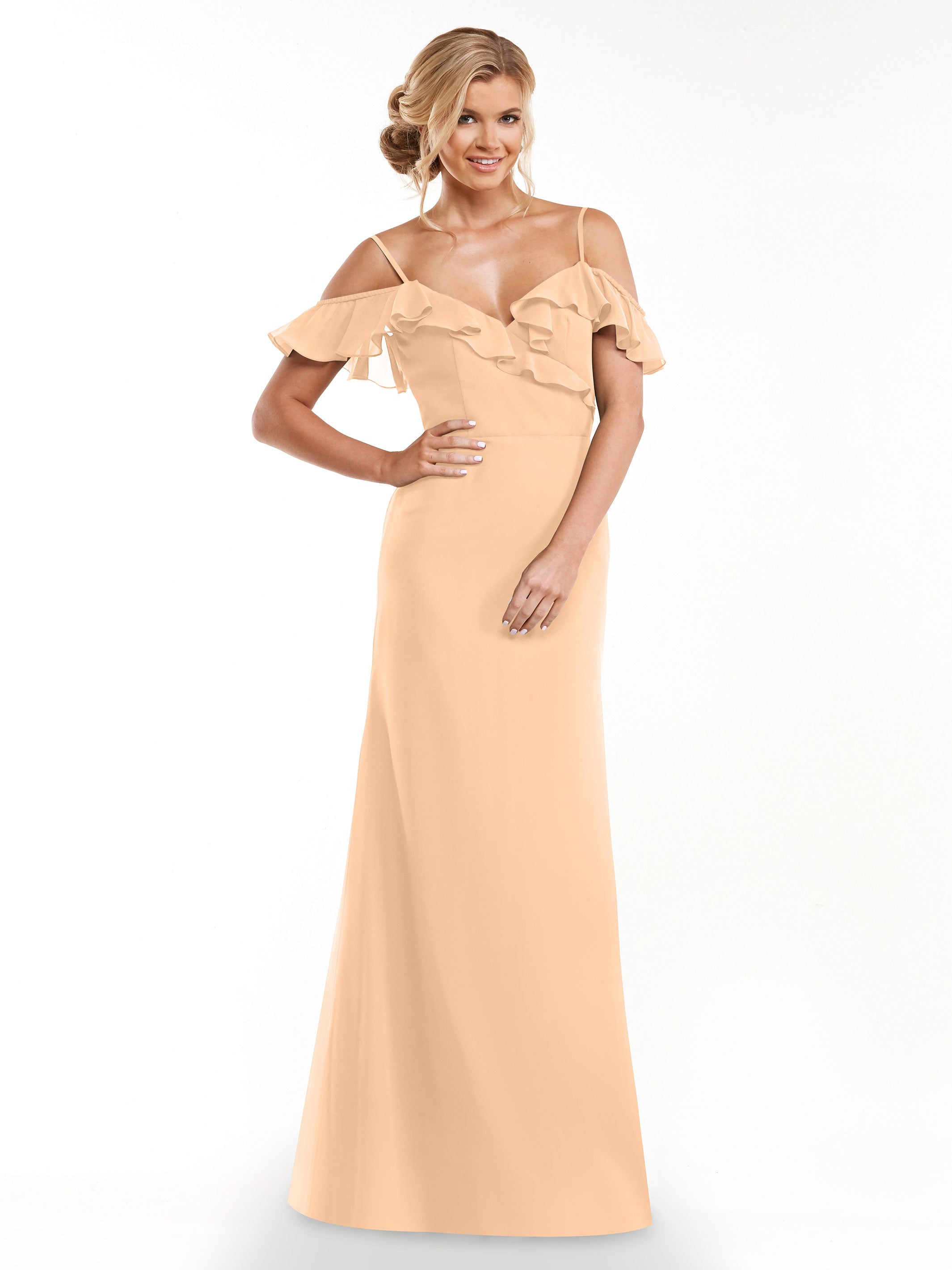 Elegant 80172 Chiffon Off-The-Shoulder A-Line Bridesmaid Dress with Ruffled Neckline - Perfect for Weddings, Formal Events & Evening Parties