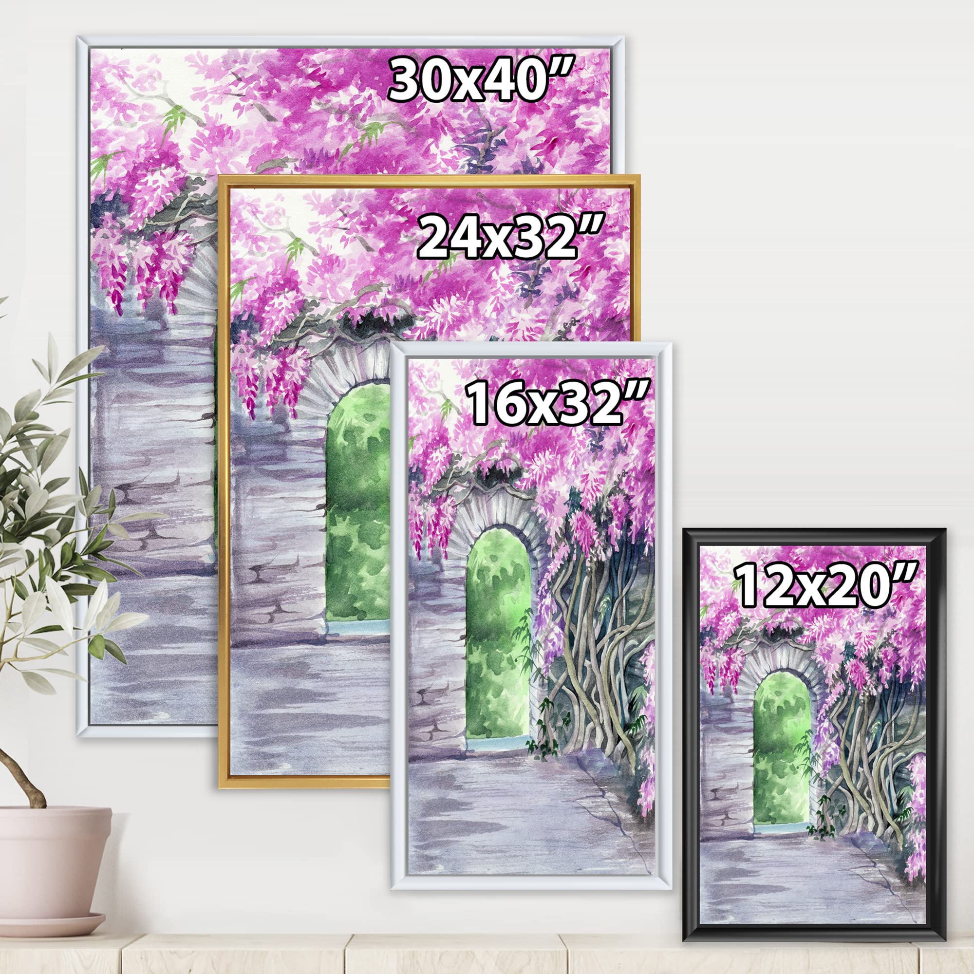 DesignQ Blossoming Wisteria Garden Over The Wall - Traditional Framed Canvas Wall Art Print - Home Decor for Living Room, Bedroom & Office