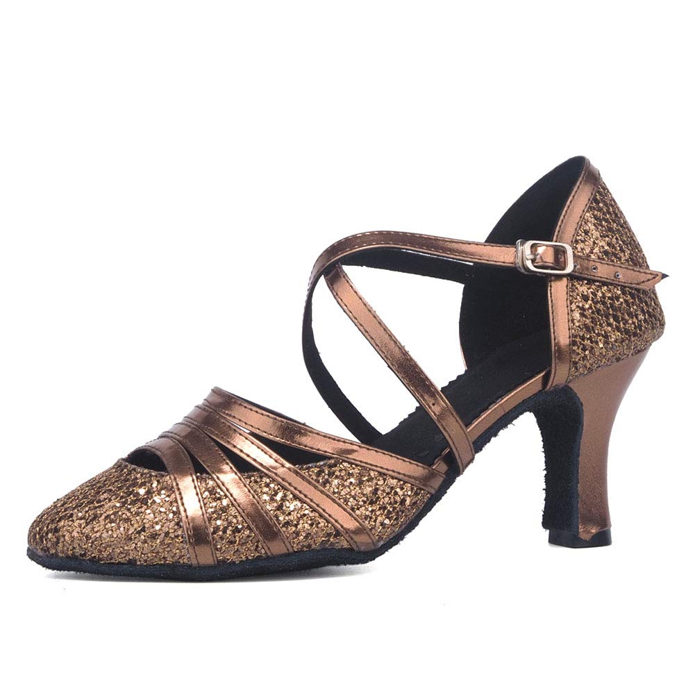 Women's Glitter Latin Salsa Tango Dance Shoes - Cross Strap Closed Toe Ballroom Party Shoes for Professional Performances & Social Dancing (Style 512)
