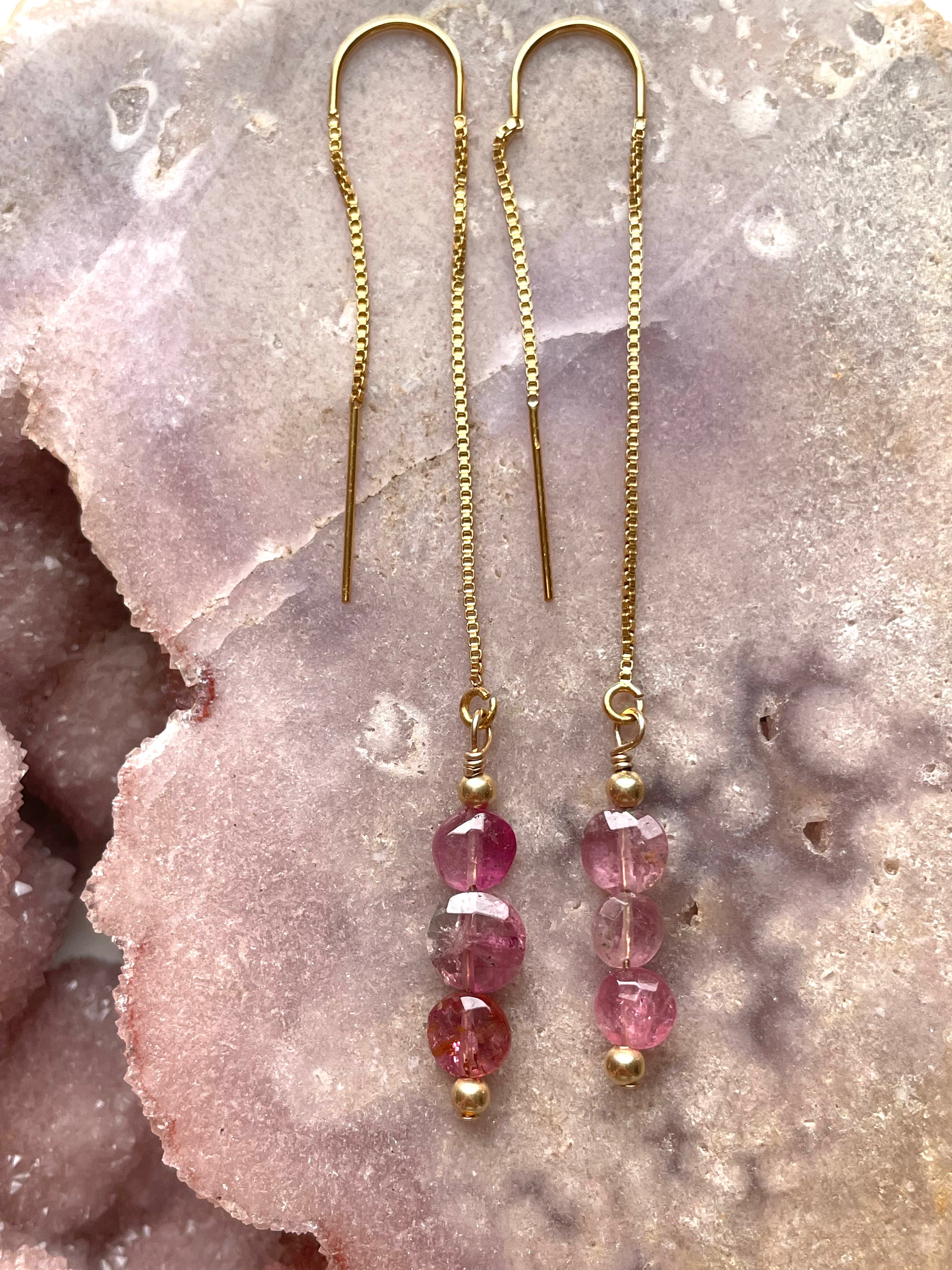 14kt Gold Filled Pink Tourmaline Earrings Threaders - Dainty Gemstone Jewelry for Women, Perfect for Everyday Wear & Special Occasions