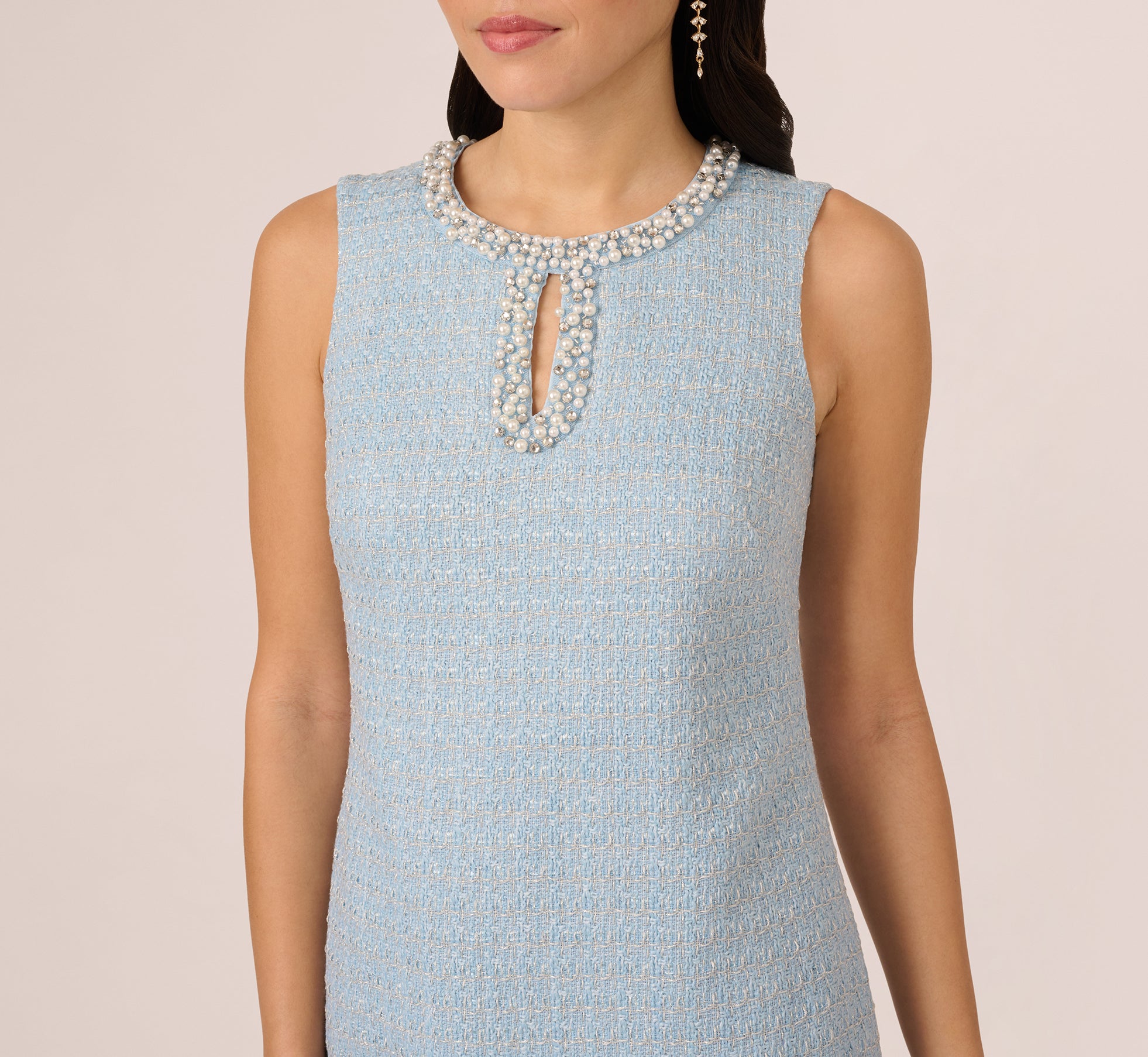 Light Blue Sleeveless Tweed Beaded Keyhole Shift Dress for Women - Elegant Cocktail Party & Summer Wedding Guest Outfit