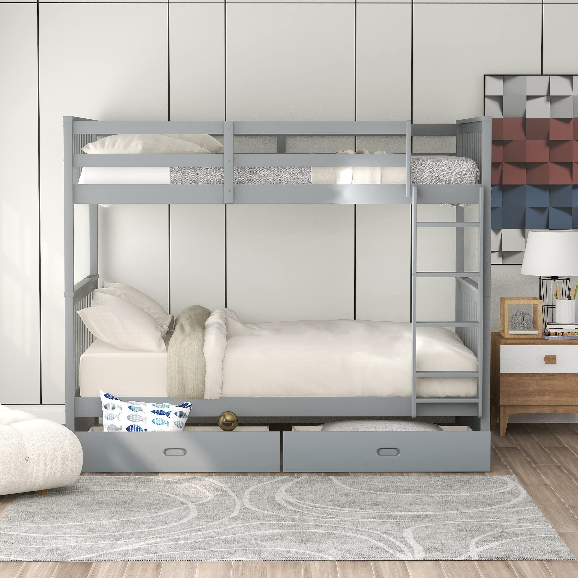 P PURLOVE Twin Over Twin Bunk Bed with 2 Storage Drawers, Solid Wood Bunk Bed Frame with Ladder, Convertible to 2 Separate Twin Beds for Teens, Kids, Boys & Girls - No Box Spring Needed (Gray) | Space-Saving Solution for Small Bedrooms, Dorm Rooms & Shared Kids' Rooms