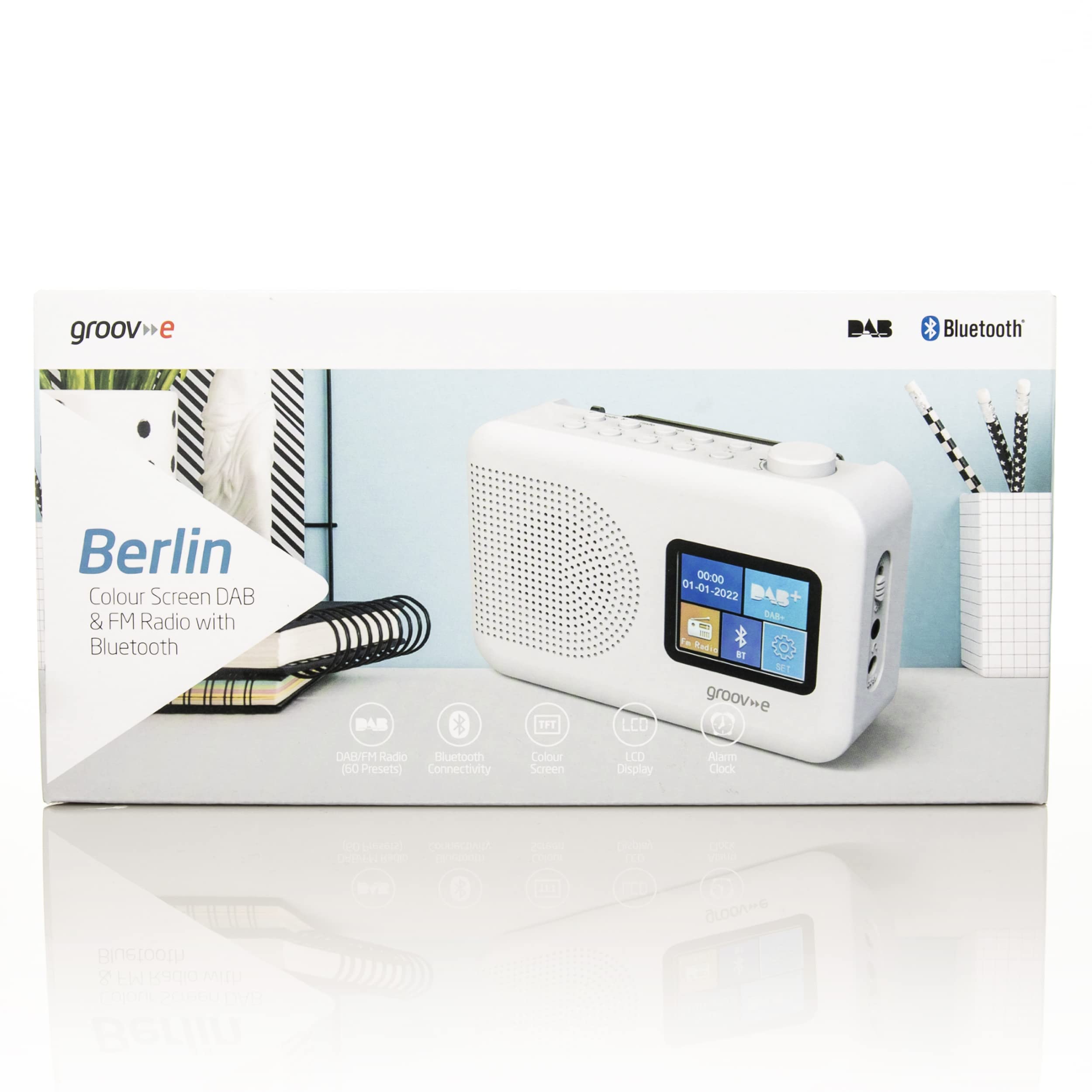 Groove Berlin DAB & FM Digital Radio with Color LCD Screen - Built-in Alarm Clock, Bluetooth, 60 Preset Stations - Portable Battery/Mains Operated - White - Perfect for Home, Office, Travel & Outdoor Use