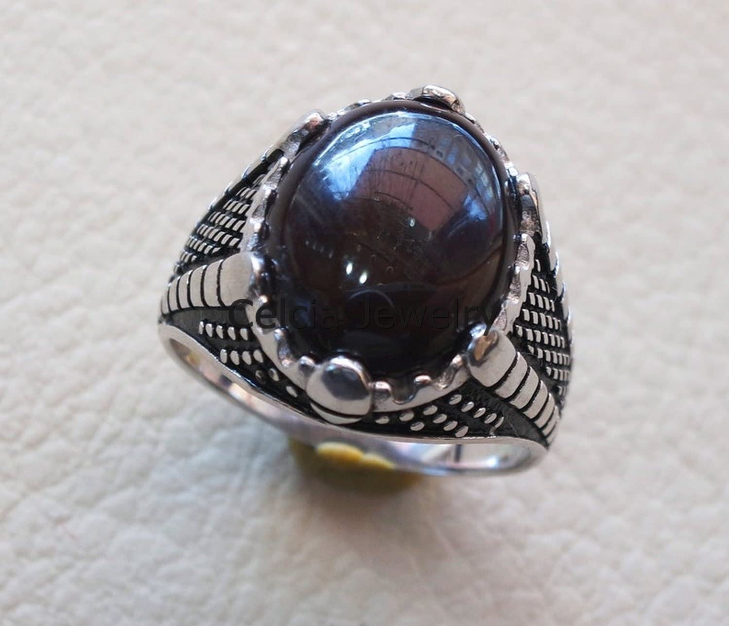 Black Onyx Natural Gemstone Oval Ring for Men - Elegant Silver Enamel Signet Ring | Perfect Birthday Gift for Boyfriend, Anniversary Present for Husband & Dad | Stylish Statement Jewelry for Weddings, Parties & Formal Occasions