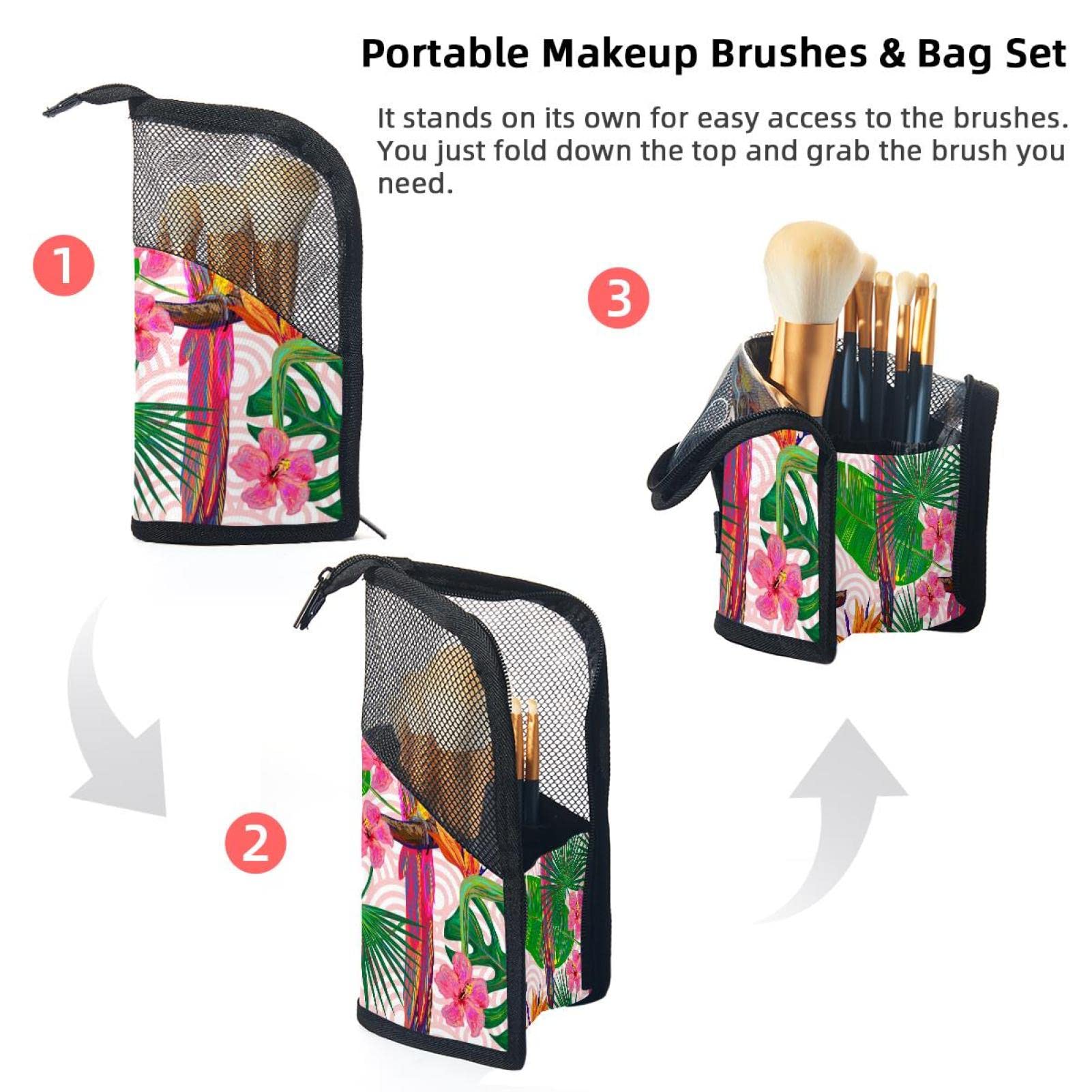 12-Piece Makeup Brush Organizer Bag with Jungle Pink Flower Parrots Design - Portable Cosmetic Brush Holder Case for Travel, Home & Professional Makeup Storage