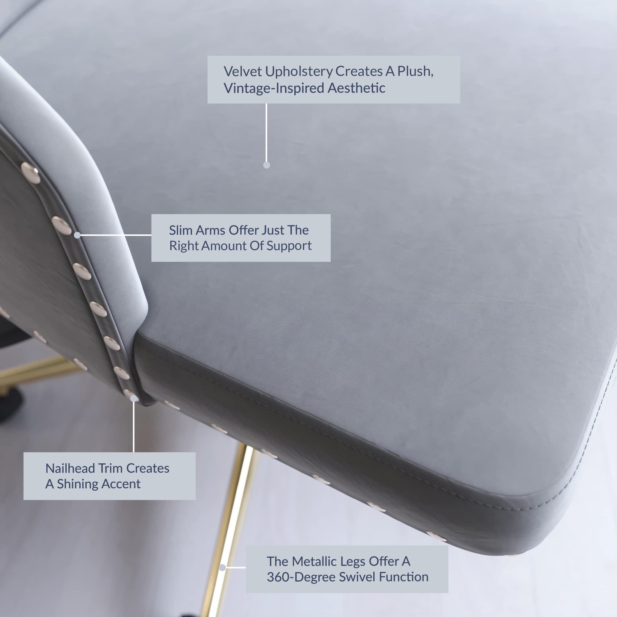 BELLEZE Modern Velvet Desk Chair - Adjustable Height Swivel Office Chair with Wheels, Tufted Upholstered Seat & Slim Arms for Home Office, Bedroom Vanity or Gaming Setup (Gray) - Ergonomic Computer Chair for Work & Study