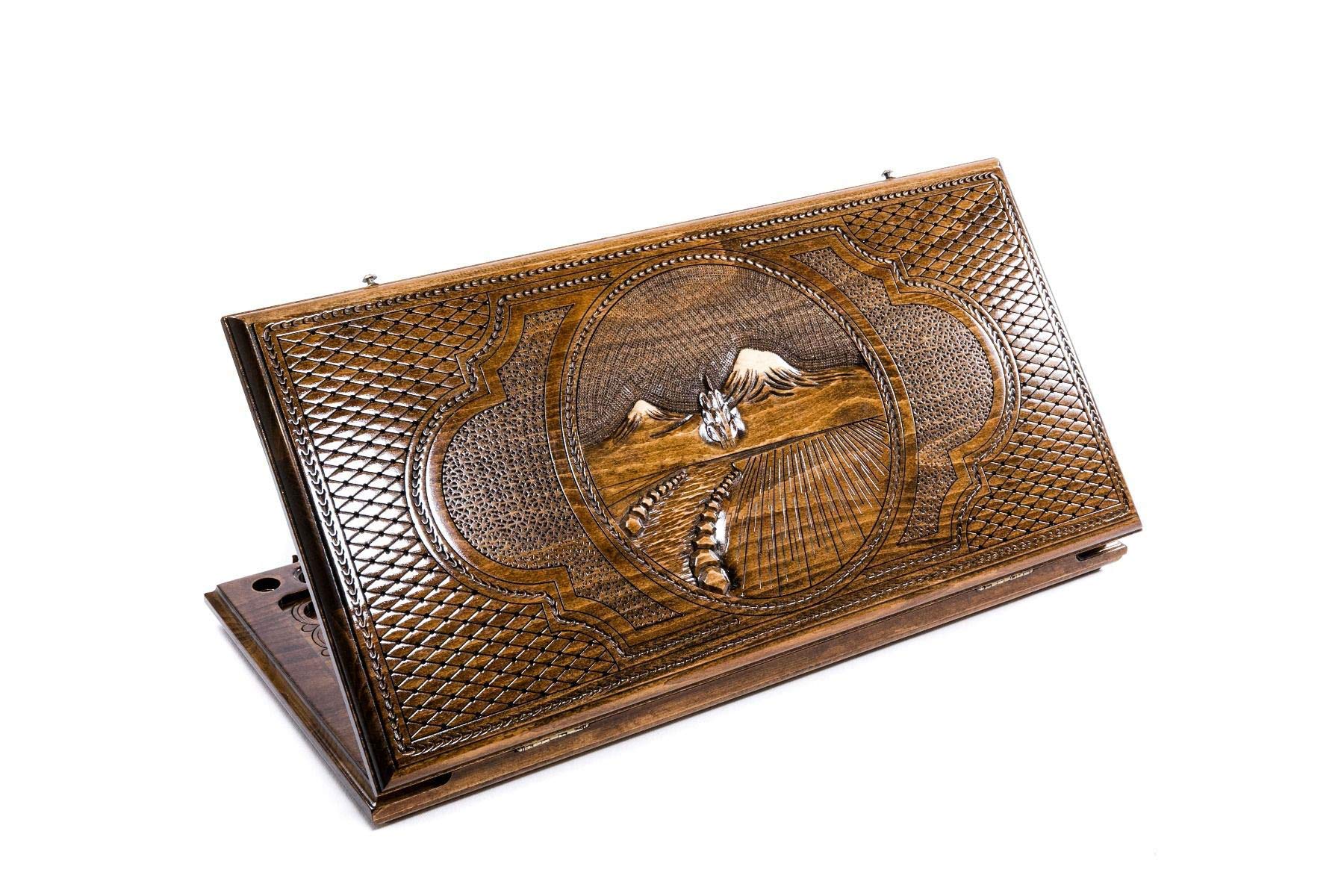 Handmade Armenian Walnut Wood Backgammon Board Game - Nardi Nardy Checkers Chess Set with Ararat Carving - Premium Tabletop Game for Adults, Family Game Night, Home Decor & Unique Gift Idea