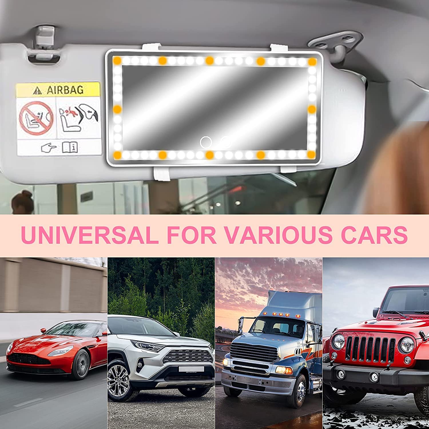 Rechargeable Car Sun Visor Vanity Mirror with 60 LED Lights & 3 Light Modes - Dimmable Touch Control Cosmetic Mirror for Women - Perfect for Makeup, Shaving & Grooming in Car, SUV or Travel (Black)
