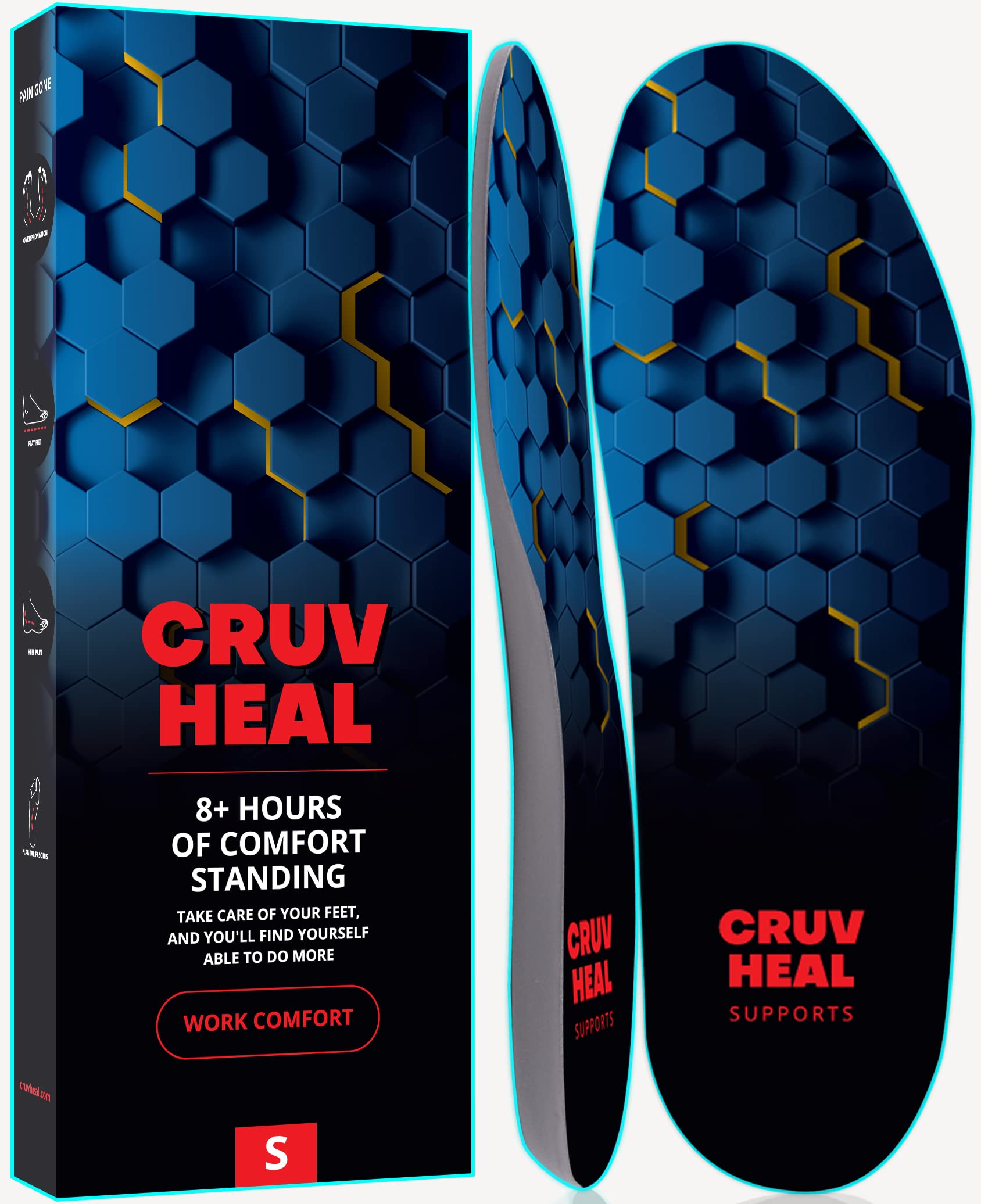 New Work Comfort Orthotic Insoles for Men & Women - Anti Fatigue Shoe Inserts with Low Arch Support & Shock Absorption - Foot Pain Relief Insoles for Work Boots (Blue Hexagons, Size S) - Perfect for Standing All Day, Construction Workers & Nurses