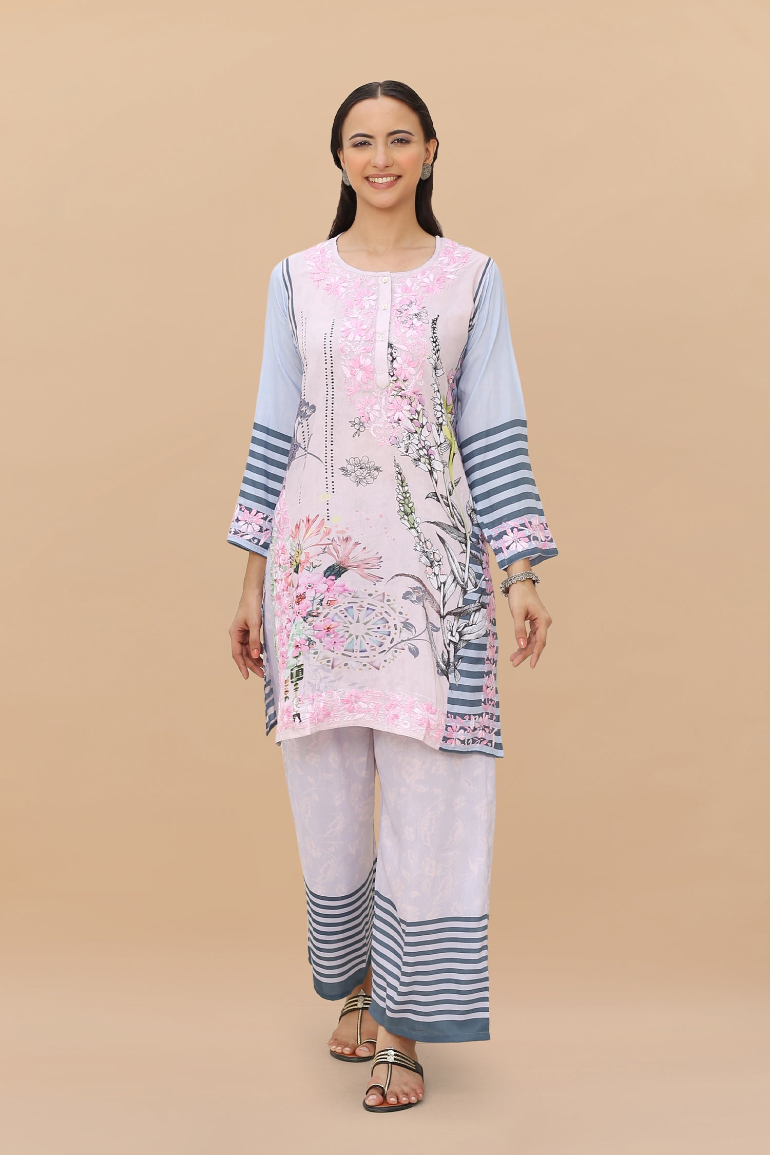 Elegant Saba Chikankari Printed Poly Silk Suit Set in Pink & Blue - Perfect for Weddings, Parties & Festive Occasions