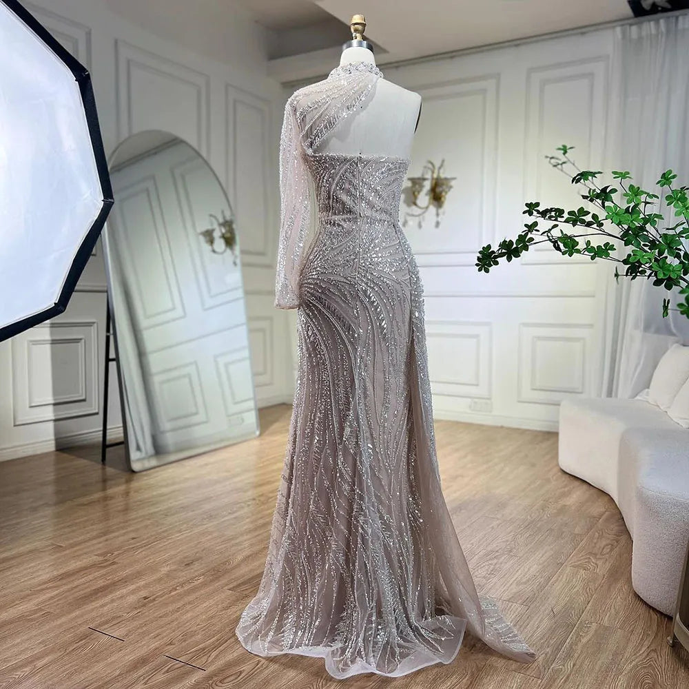 Elegant White Arabic Mermaid Evening Gown with Beaded One-Shoulder Design - Luxury Party Dress for Women 2025 | Perfect for Prom, Gala & Formal Events - LA72196