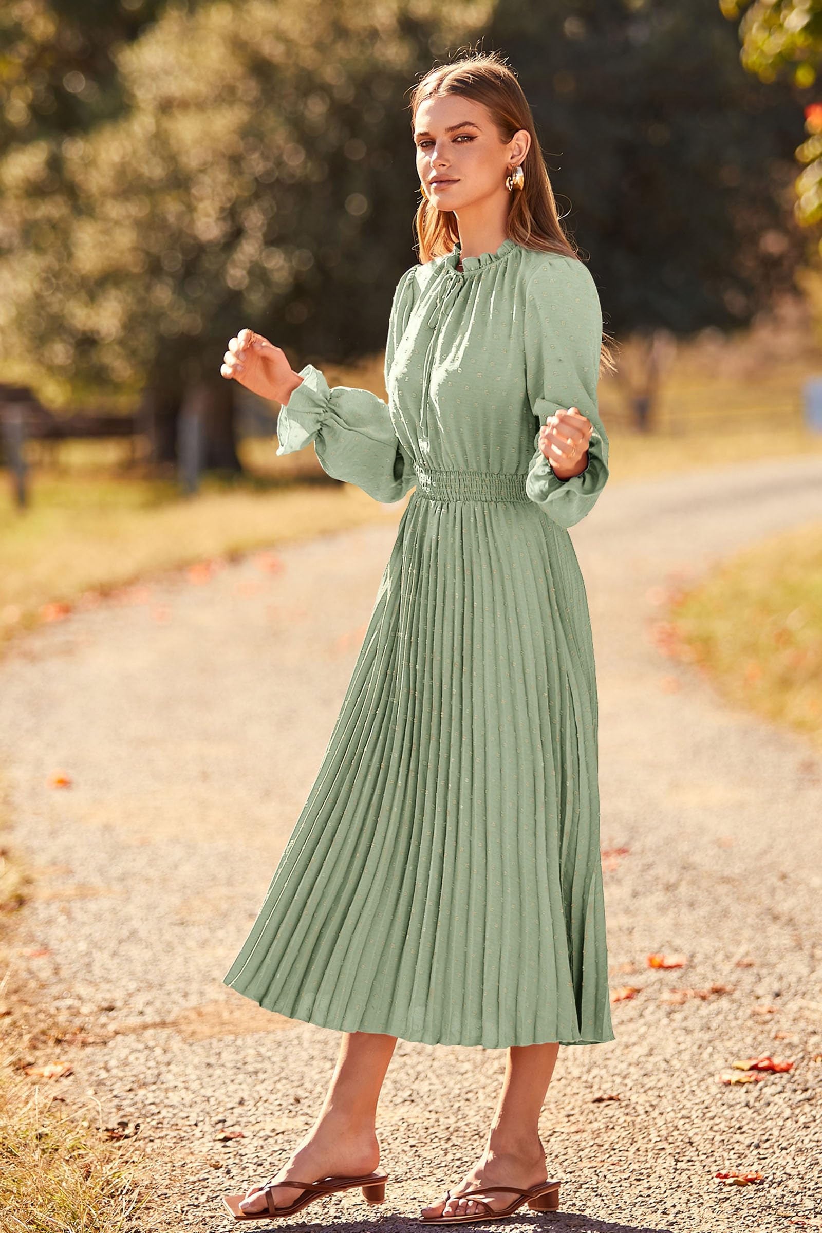PRETTYGARDEN Women's 2025 Spring Fall Midi Dress - Long Sleeve V-Neck Swiss Dot Pleated A-Line Flowy Casual Dress for Work, Date Night & Special Occasions