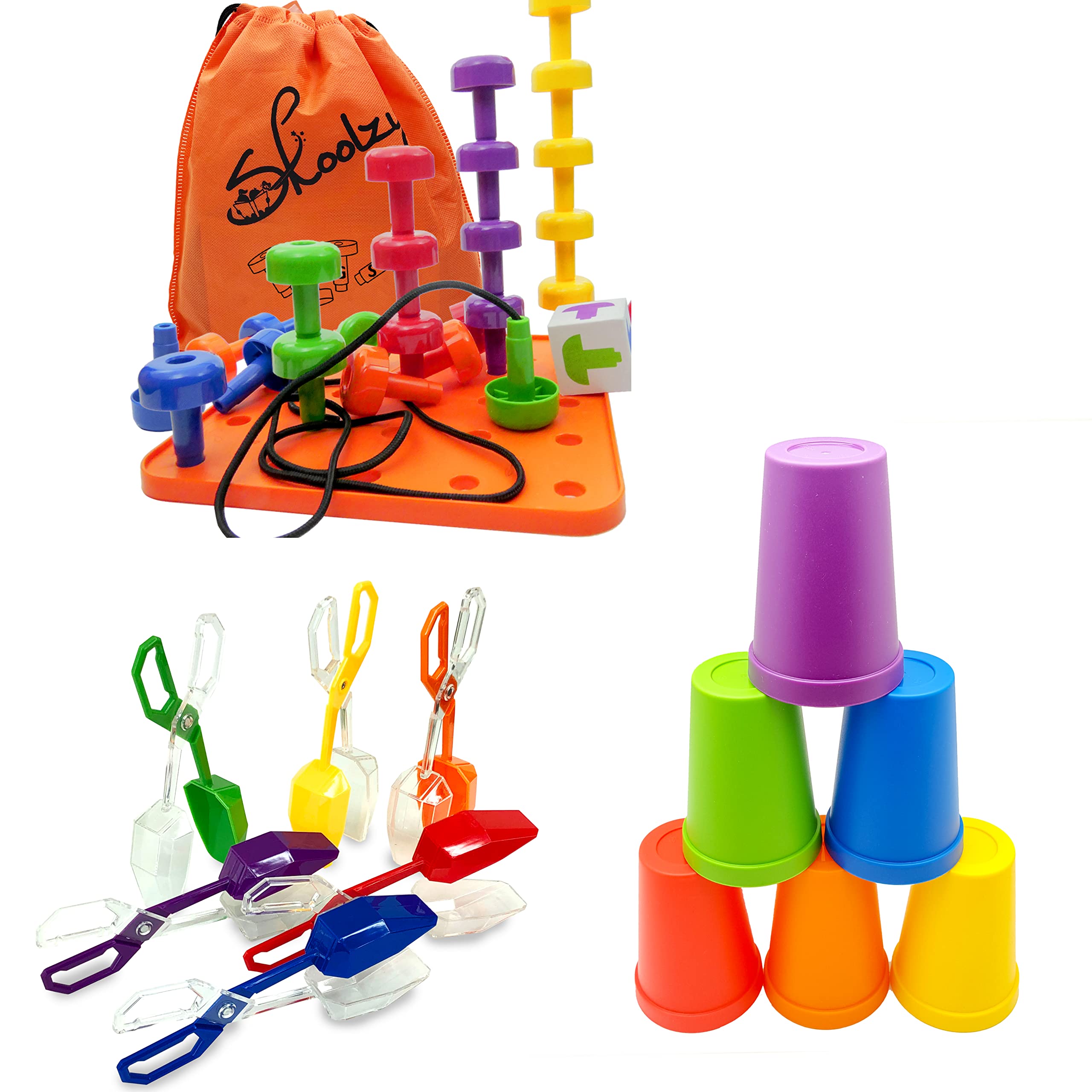 Skoolzy Plastic Peg Board Toddler Toy - Stacking Cups & Sorting Tongs for Fine Motor Skills - Montessori Learning Toys for Preschoolers - Perfect for Daycare, Homeschool & Early Childhood Development