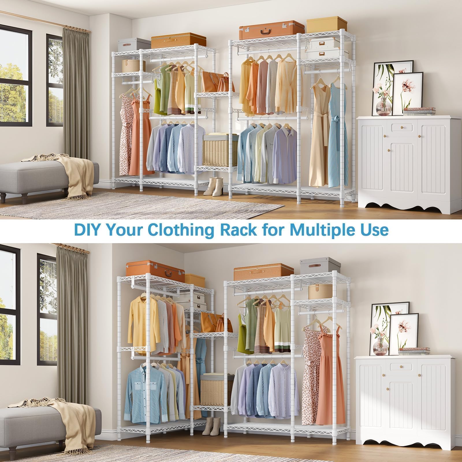 VIPEK V2S Heavy Duty 4-Tier Metal Clothes Rack with 3 Hanging Rods - 800LBS Capacity Freestanding Garment Storage Organizer for Closet, Laundry Room, or Commercial Use - White