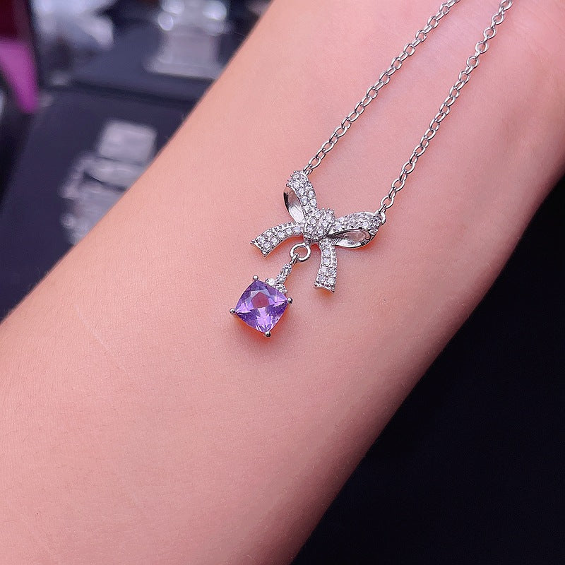 White Gold Amethyst Aquarius Bow Pendant Necklace for Women | Elegant Zodiac Jewelry Gift for Birthday, Anniversary & Valentine's Day | Perfect for Everyday Wear & Special Occasions